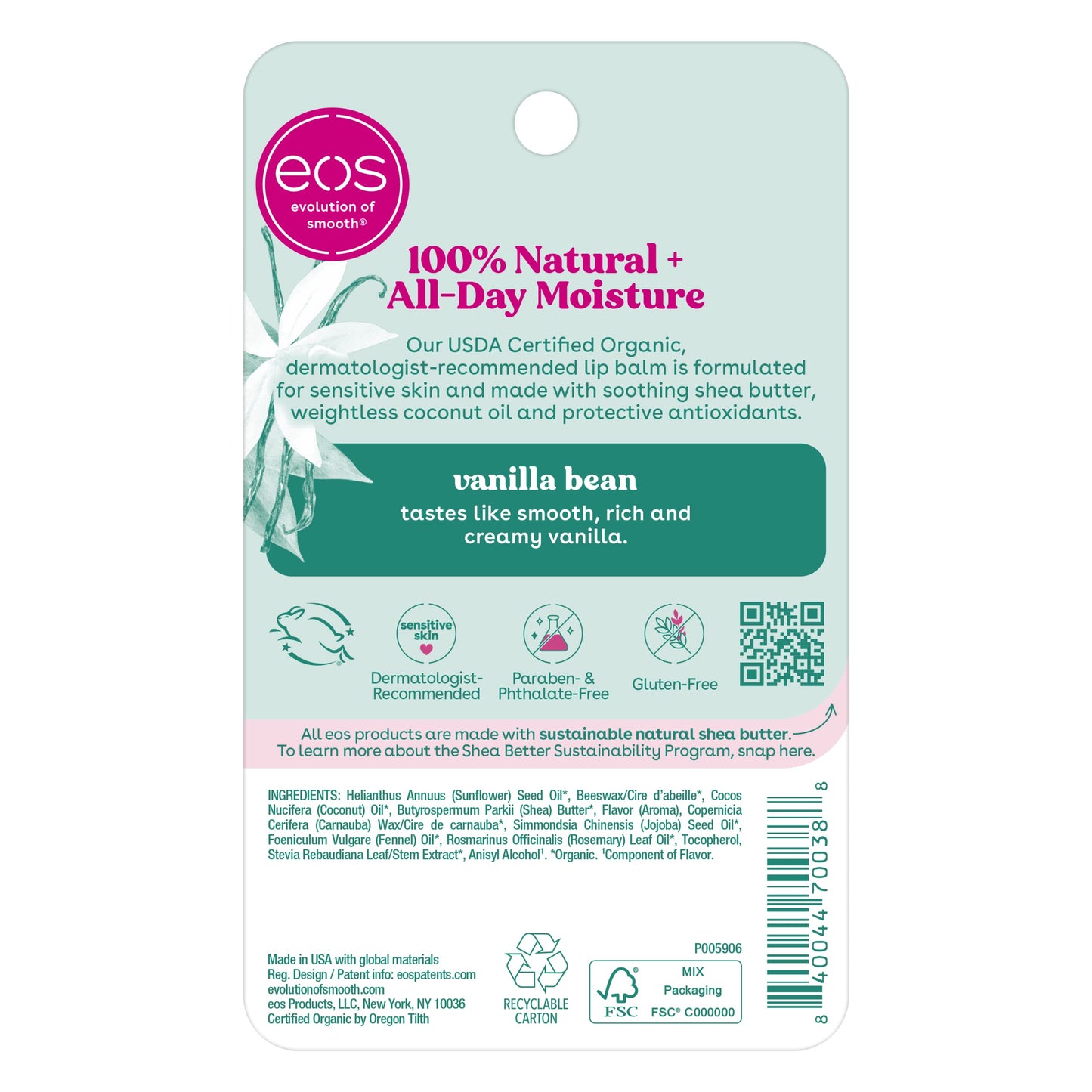 eos 100% Natural & Organic Lip Balm Sphere- Vanilla Bean, All-day Moisture, Dermatologist Recommended for Sensitive Skin, Lip Care Products, 0.25 oz (Pack of 2)