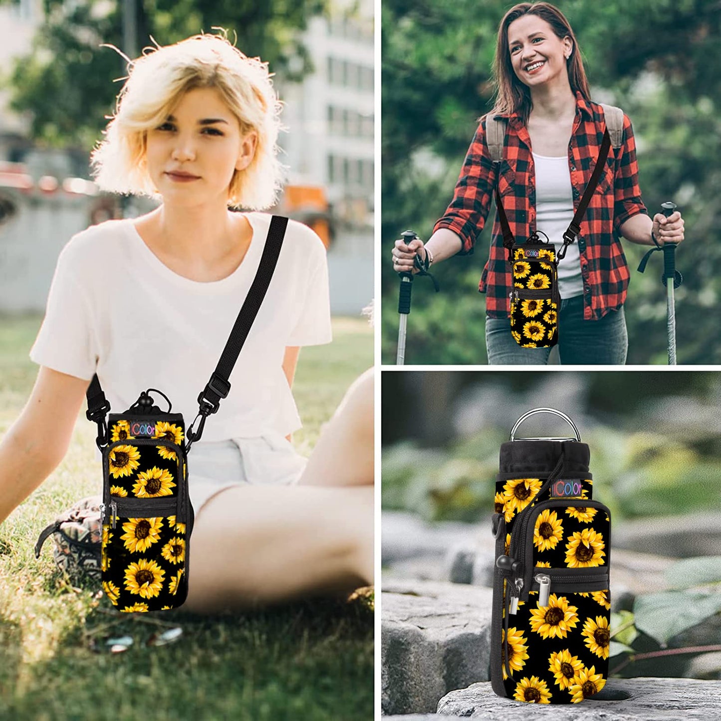 icolor Water Bottle Carrier Bag Holder 25/32/40/64oz,Adjustable Padded Shoulder & Handle Strap Sports Sling Hiking Pack,Insulated Neoprene Wide Mouth Bottle Sleeve