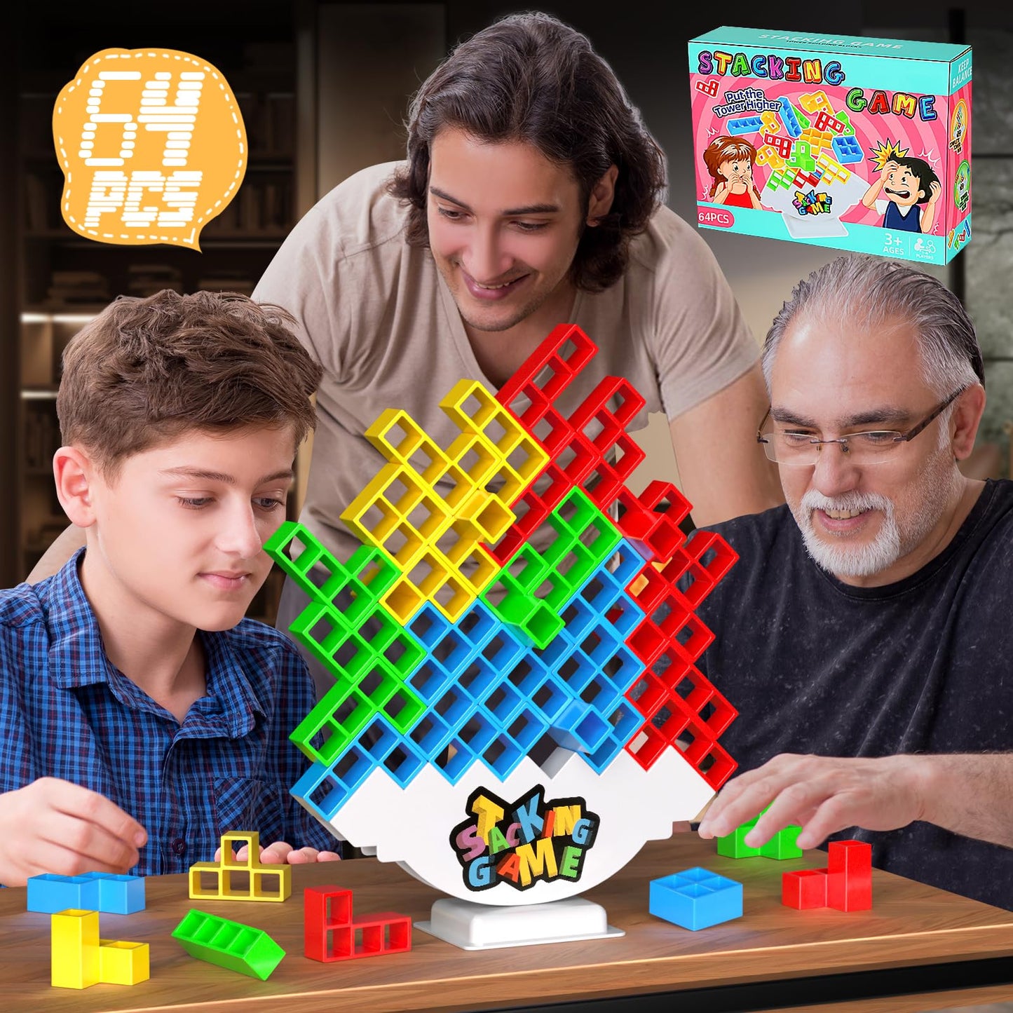 64PCS Stack Game for Adult & Kids, Tetra Board Tower Games for Family Travel Party, 2 Players Balance Stacking Toy, Team Toys Building Block