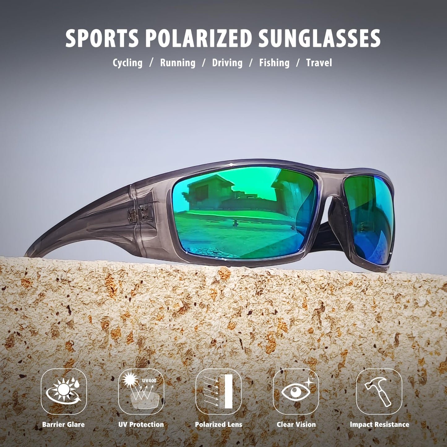 Ofwin Polarized Sports Sunglasses for Men Women Unbreakable Frame Cycling Fishing Wrap Around Sunglasses UV400 Protection Glossy Gray Silver Frame/Green Mirror Lens