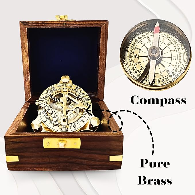 Antique Brass & Copper Sundial Compass, Sundial Clock in Box Gift Sun Clock Ship Replica Watch, Nautical Gifts for Men, Unique Nautical Decor, Naval Maritime Sundial (#3 Golden Sundial)