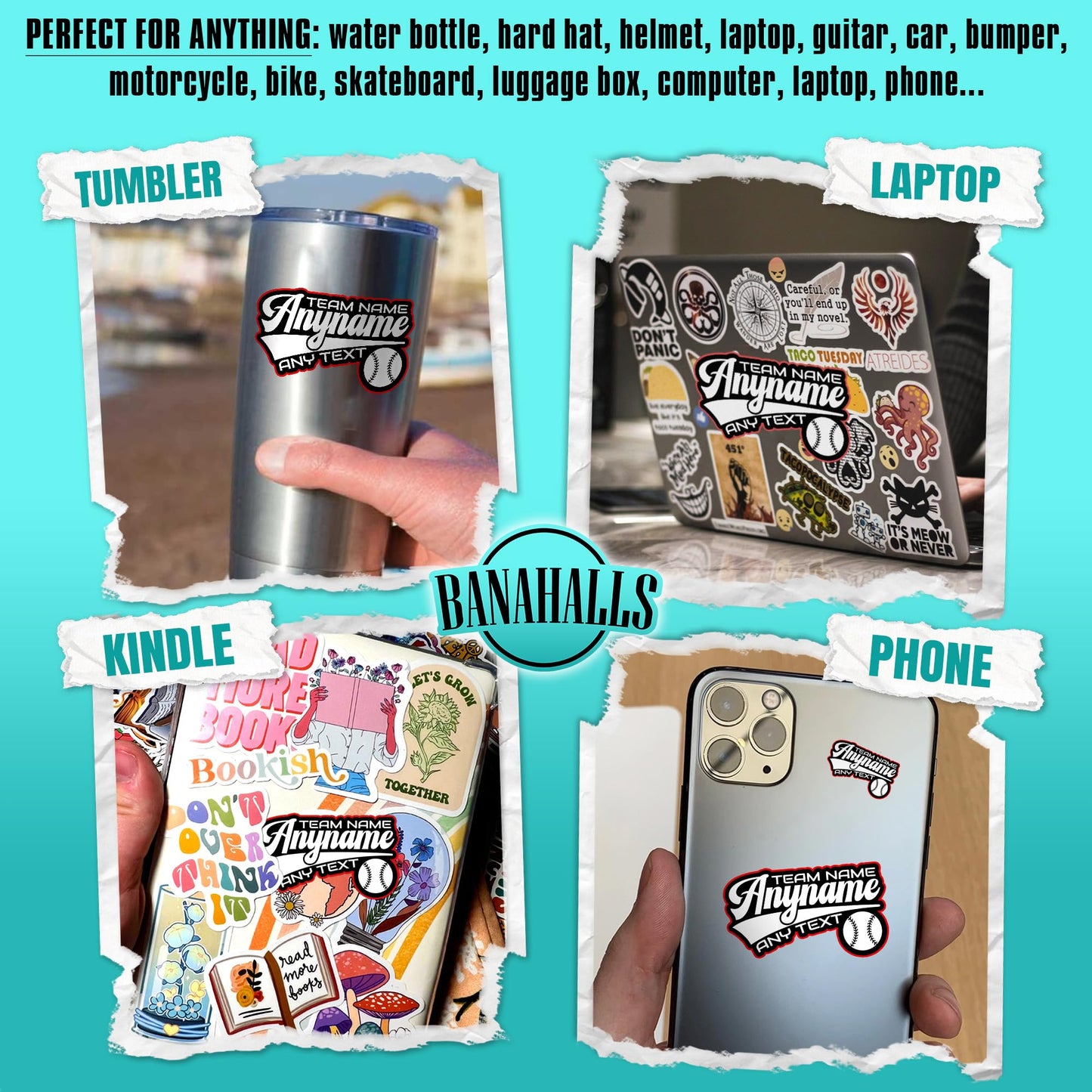 Personalized Custom Name Baseball Sticker Customized Name Team Player School Sport Waterproof Vinyl Sticker for Water Bottle Laptop Hard Hat Tumbler Cup Cars Birthday Gift for Her Him