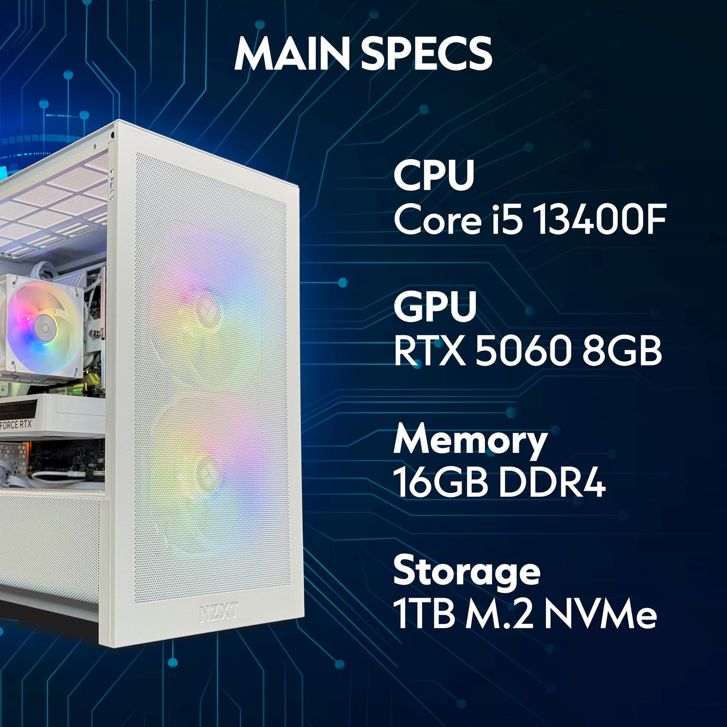 TWELF Onyx H3 Gaming PC – Core i5-13400F, RTX 5060 8GB, 16GB DDR4, 1TB NVMe SSD, WiFi 6, Windows 11 Pro – VR-Ready, White Gaming Tower + Mystery Gift Included