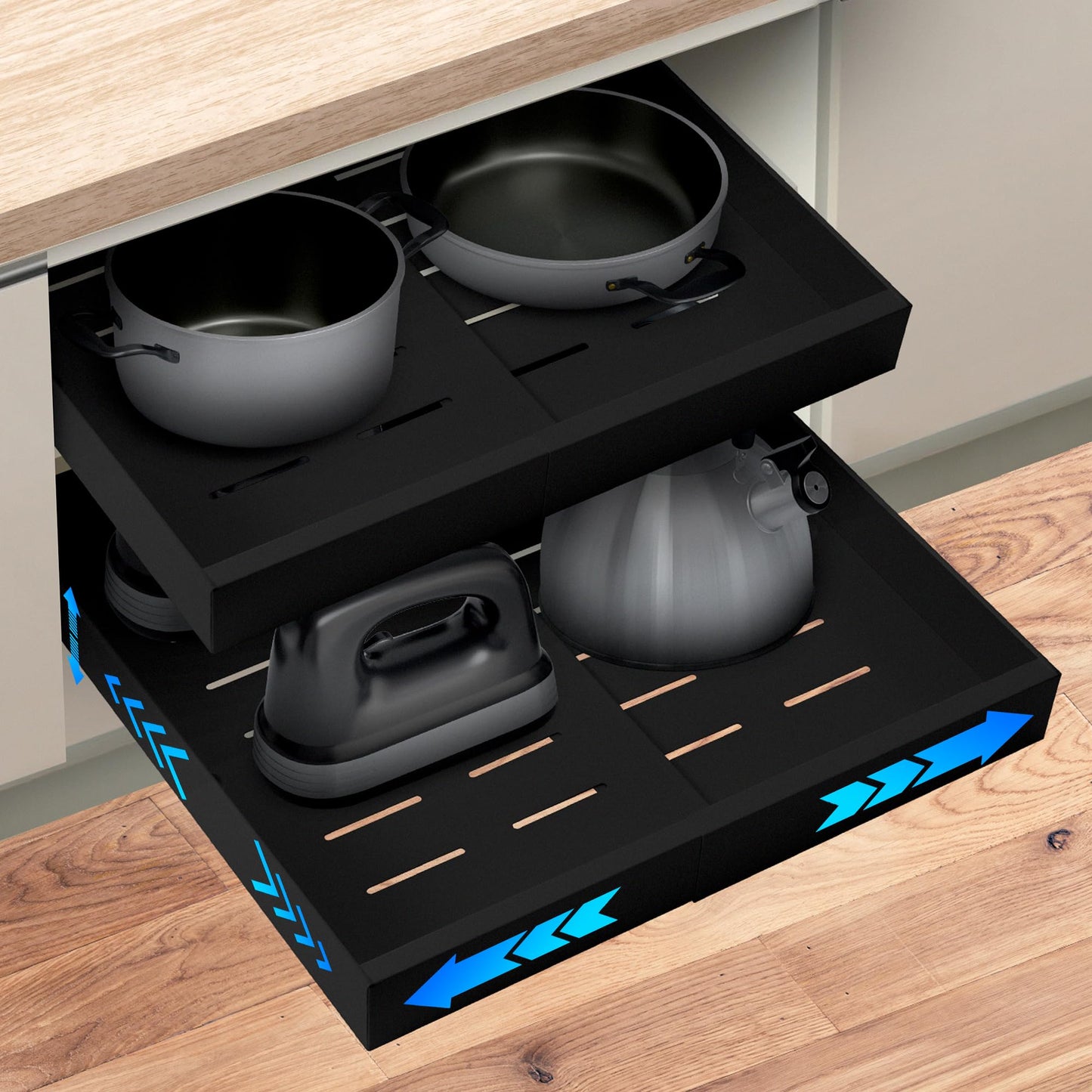 Pull Out Cabinet Organizer 21” deep Expandable (12.6"-21.3") Heavy Duty Upgrade 3 Slide Rails Slide Out Drawers for Kitchen Cabinets Fixed with Adhesive Film, for Pantry Storage Shelves