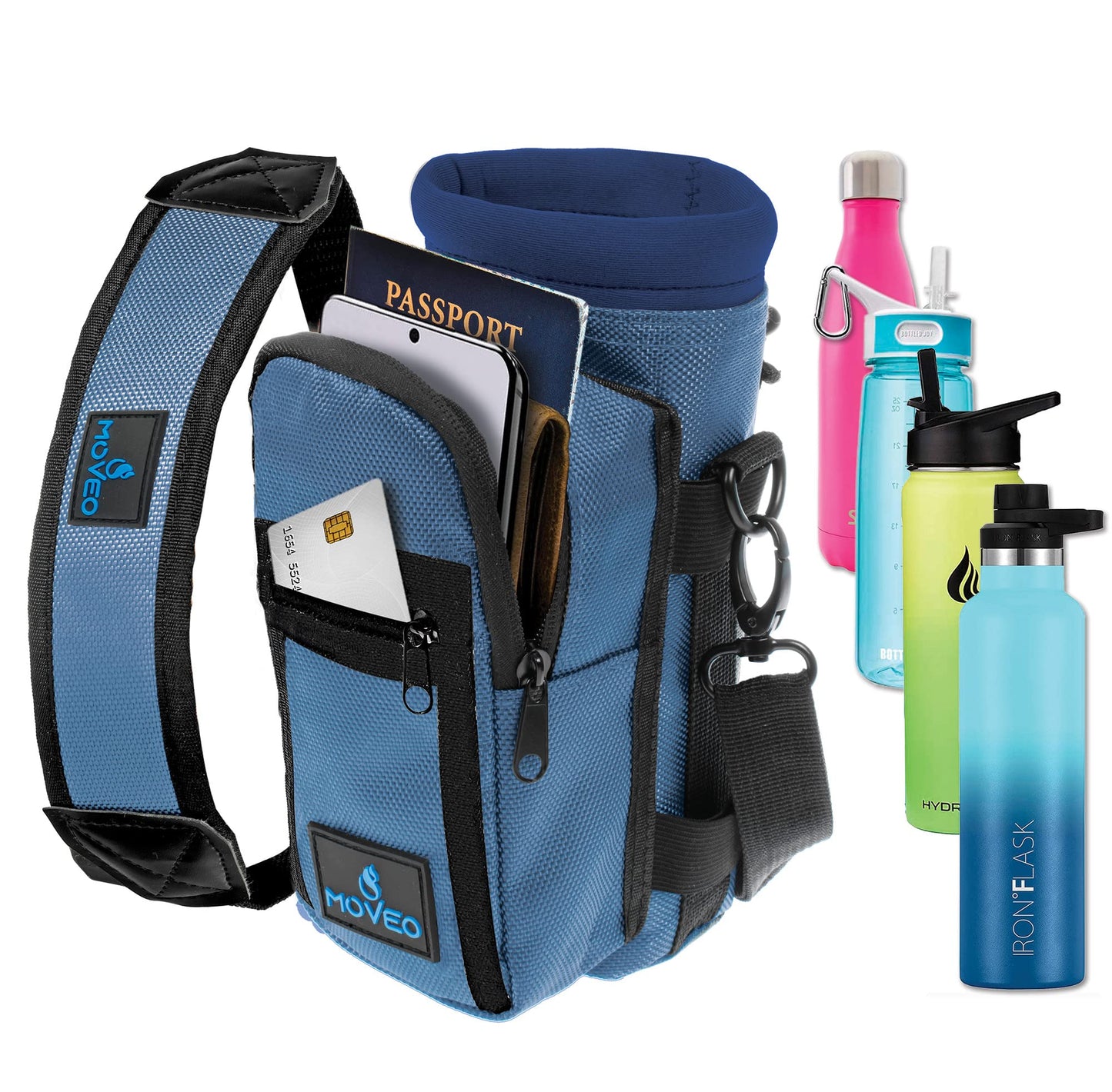 Moveo Water Bottle Holder/Carrier, Insulated w/Adjustable Shoulder Strap & Front Pockets - Comfortable Crossbody Water Bottle Holder - Water Bottle Sling Fits 16oz to 25oz Bottles