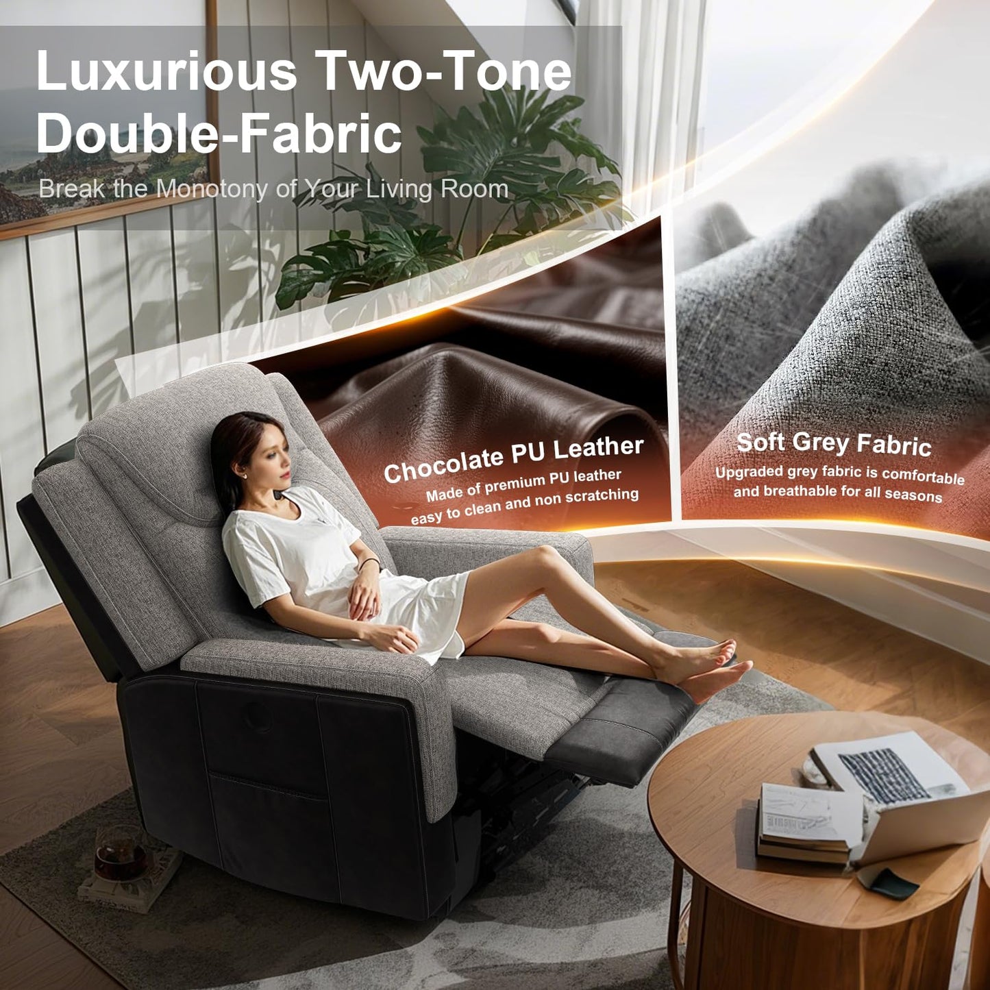 Dresegmt Oversize Manual Recliner Chair for Adults, Extra Wide Single Reclining Sofa Chair with Ergonomic, FSC Certified, Grey Linen-Blend & Chocolate Leather Scandinavian Chic for Living Room, RV