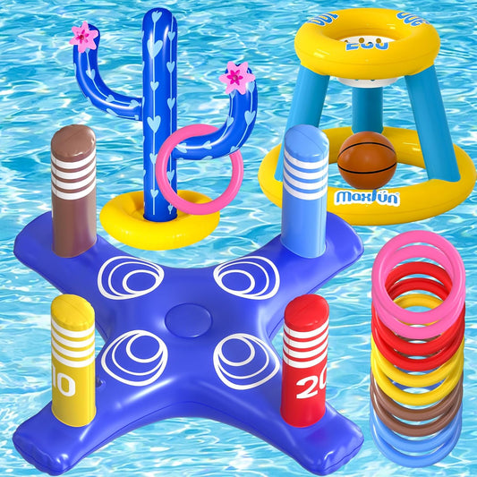 Max Fun Pool Toys Games Set for Kids Pool Basketball Hoop, Inflatable Cross Ring Toss, Floating Floats Games for Toddlers Adults Swimming Water Toys Party Decoration