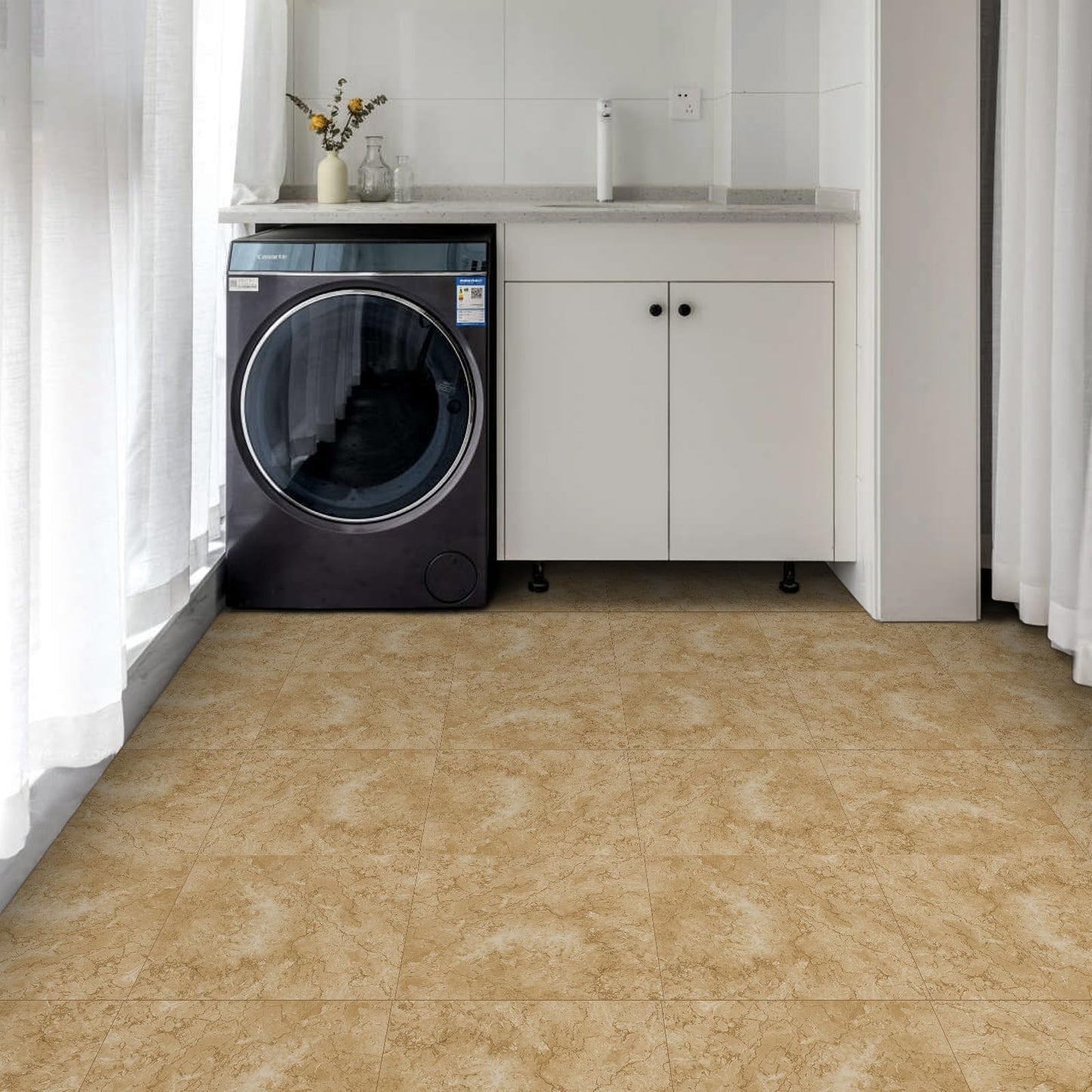 Alow Peel and Stick Floor Tile Yellow, Peel and Stick Flooring Waterproof,Marble Vinyl Flooring for Kitchen、Toilet、Laundry Room and More (12inX12in 10pcs)