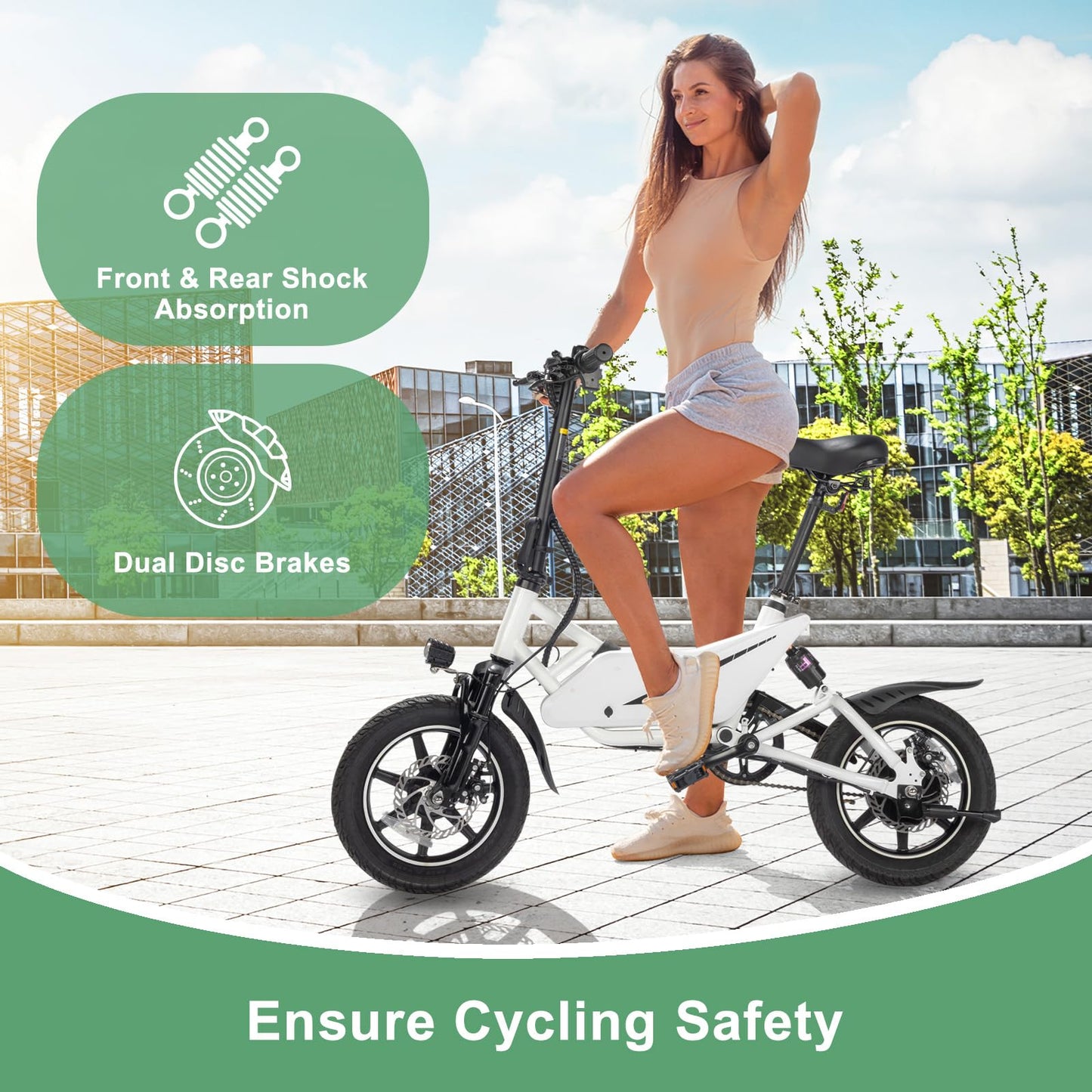 Winado 14" Electric Bike for Adults, Folding Electric Bicycle 350W Motor with Dual Shock Absorber, Dual Disc Brakes, Max Range 20Miles, Foldable Commuter City Ebike for Adults/Teens, White