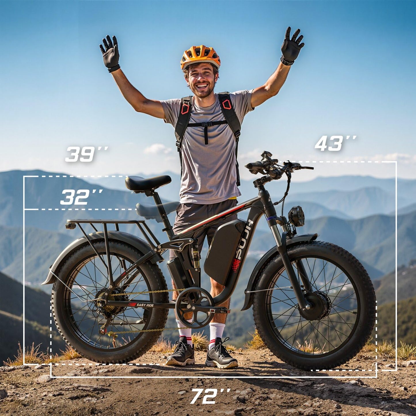 PUJH Electric Bike for Adults 5000W Dual Motors 60V 25Ah 24'' Fat Tire Fast Up to 45mph 35-100 Mileage Full Suspension Hydraulic Brake Class 3 Off-Road Mountain AWD Hunting Ebike for Men Women Black
