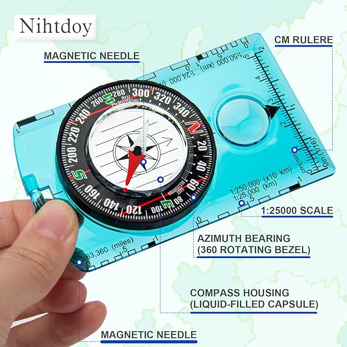 Multipurpose Outdoor Compass for Hiking, Scouting, Camping, and Navigation - Liquid-Filled, Transparent Base with Measuring Scales, Durable and Compact