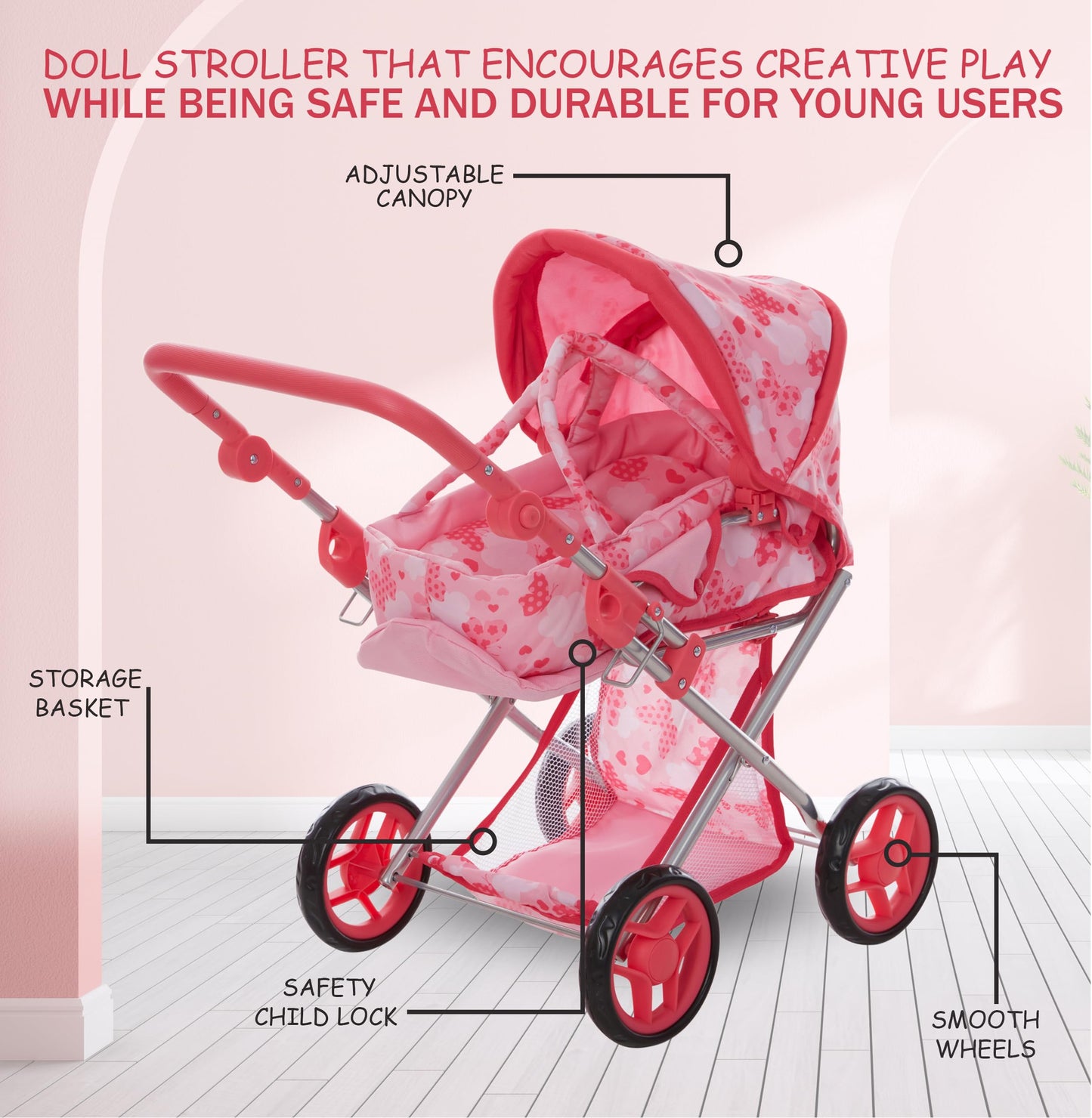 Baby Doll Convertible Pram Stroller with Removable Travel Bassinet Carrier for Kids Adjustable Handle Buggy Carriage with Canopy and Storage Basket 25 Inch Pink