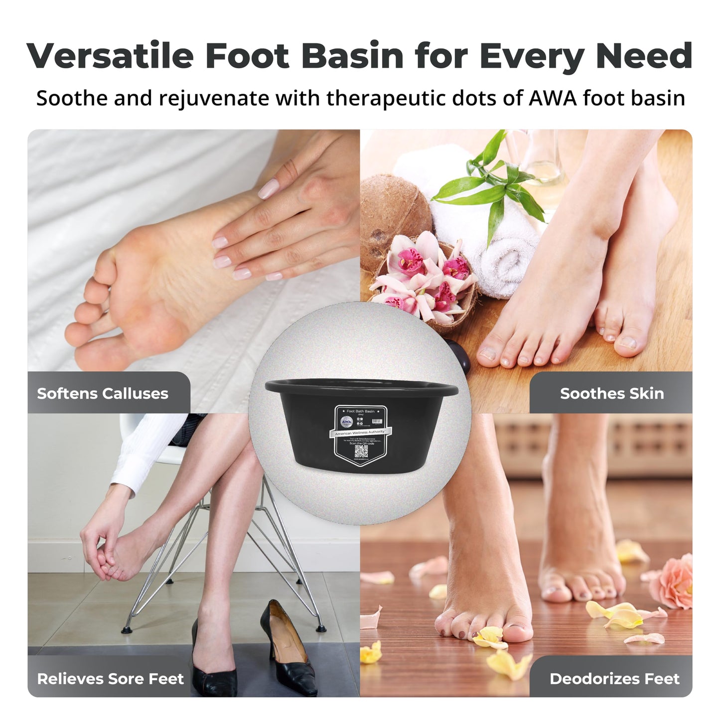 American Wellness Authority AWA Extra Large foot bath basin - Sturdy plastic soak tub For Soaking feet and Pedicure At Home Spa Kit Women Men (Grey Basin), 1.0 Count