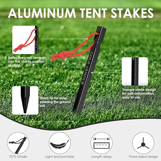 Gold Armour Tent Stakes - 12 Pack Heavy Duty, Lightweight, Camping Stakes Pegs for Outdoor Tent and Tarp, Essential Camping Gear Equipment Accessories (Black)
