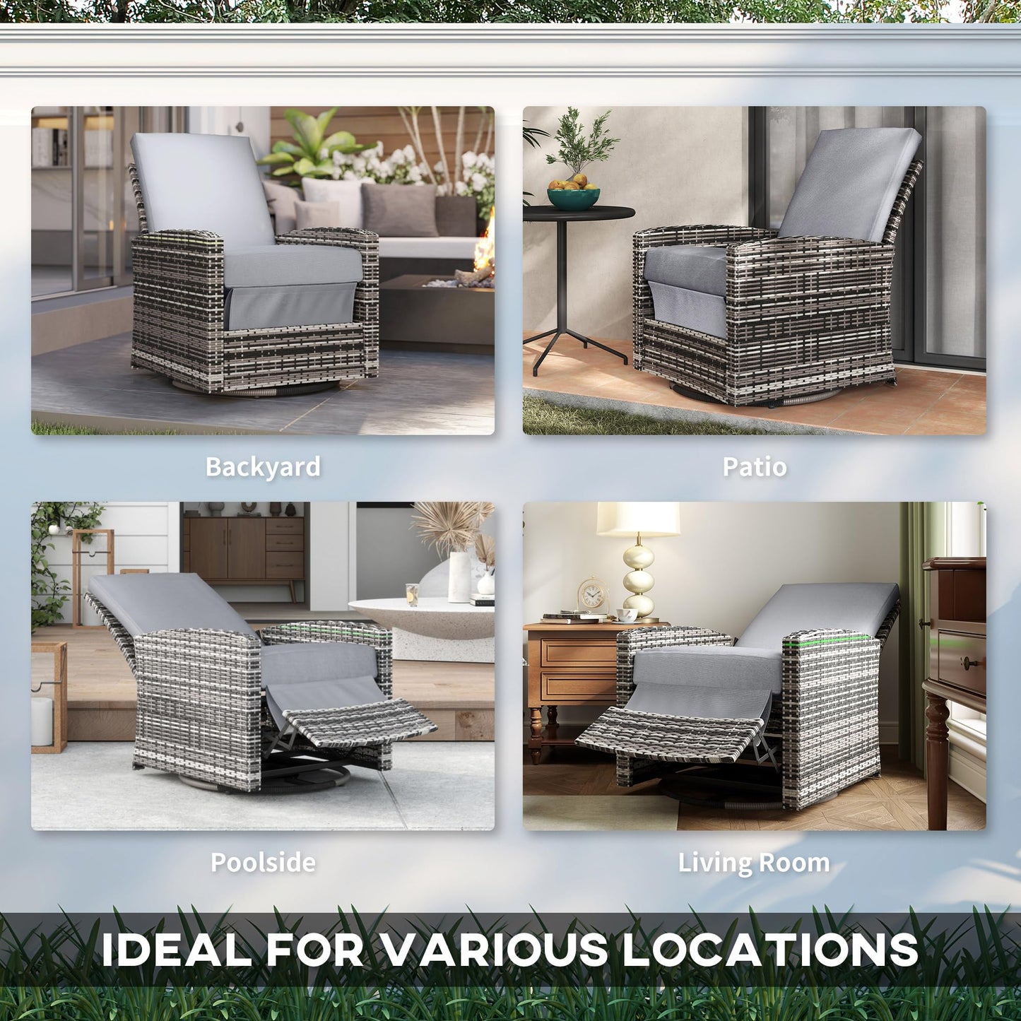 Outsunny Outdoor Wicker Swivel Recliner Chair, Reclining Backrest, Lifting Footrest, 360° Rotating Basic, Water Resistant Cushions for Patio, Gray