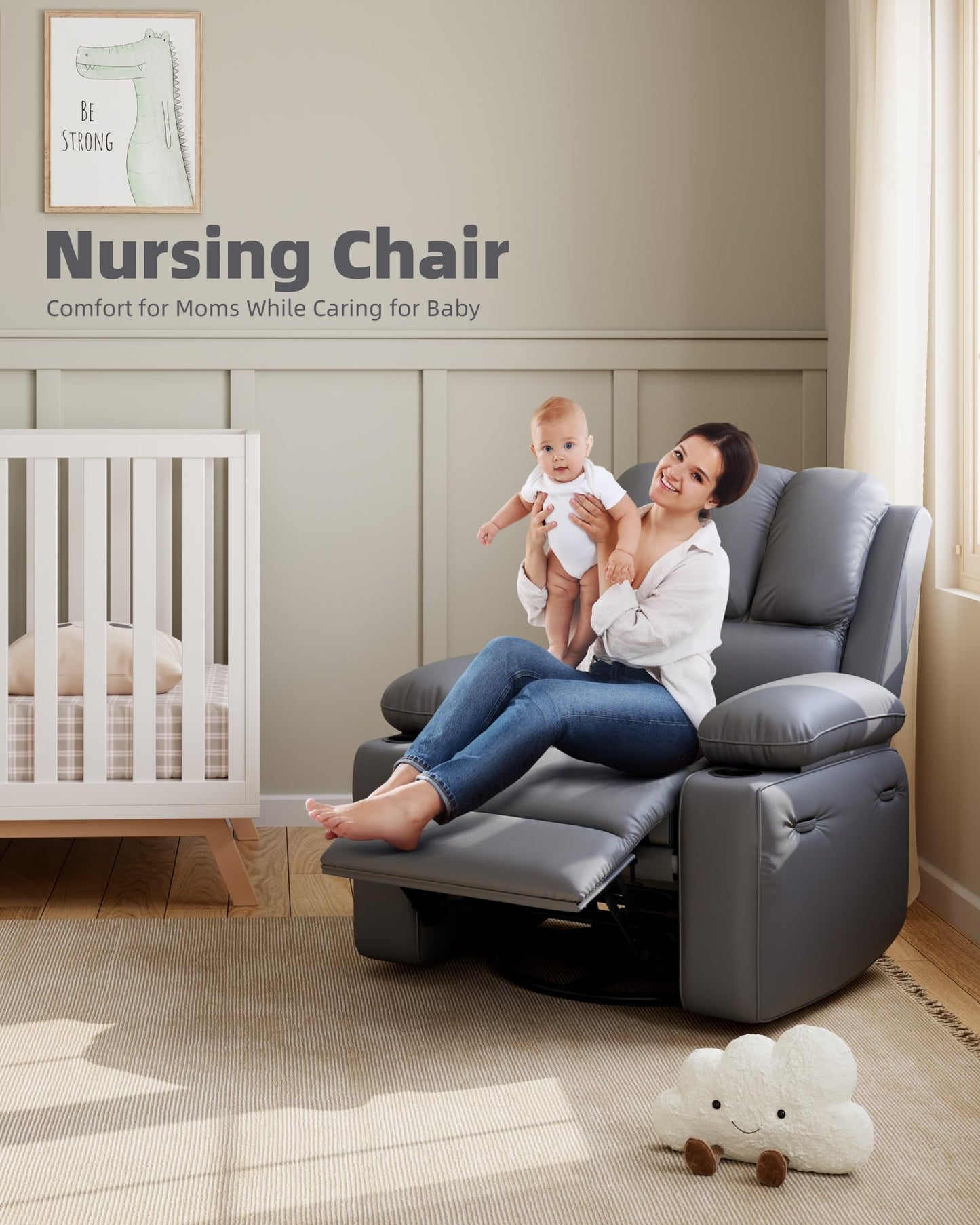 22'' Leather Recliner Chair for Adults, Overstuffed Manual Recliner Chair, Single Sofa with Cup Holder and Side Pockets, Upholstered Chair for Living Rooms, Gray