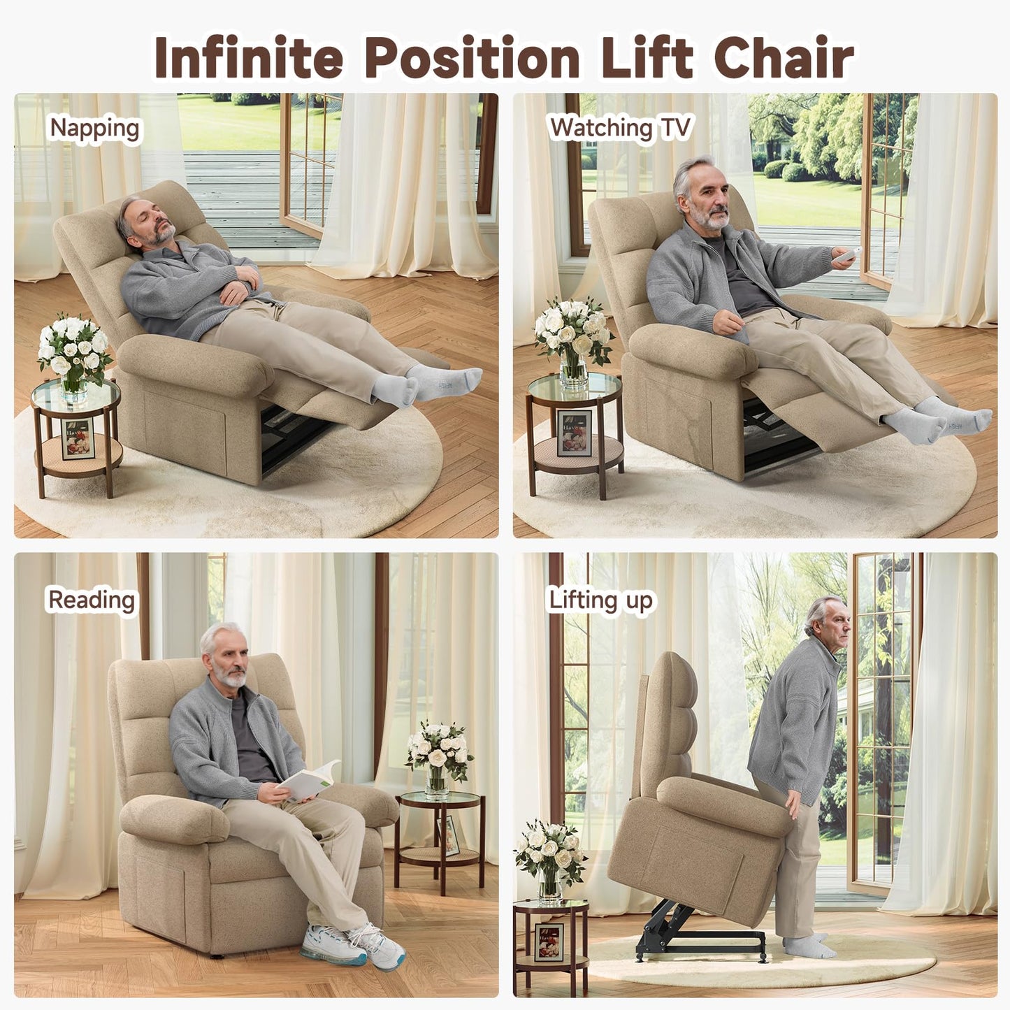 Welzona Power Lift Recliner Chair for Elderly, Triple Motor Lift Chair with Infinite Position, Electric Stand Assist for Seniors, Single Sofa with Side Pockets for Living Room, Beige-Brown