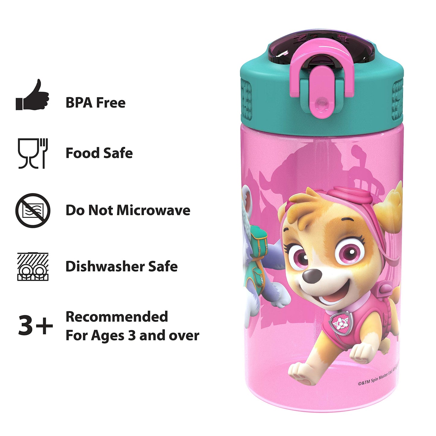 Zak Designs Kids Durable Plastic Spout Cover and Built-in Carrying Loop, Leak-Proof Water Design for Travel, (16oz, 2pc Set), Paw Patrol Skye Bottle 2pk