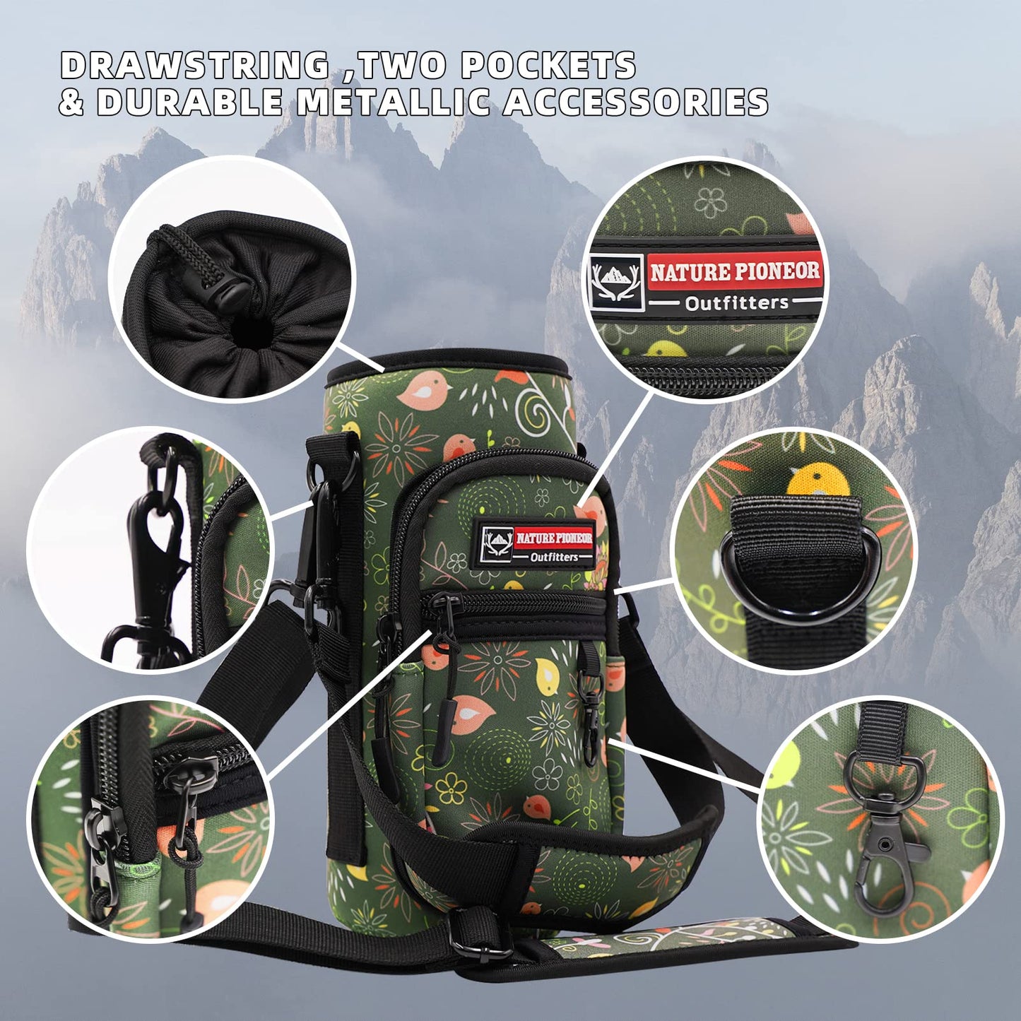 NATURE PIONEOR Water Bottle Carrier Holder Sleeve with Adjustable Strap25 32 40 oz, Insulated Water Bottle Holder Sling Bag