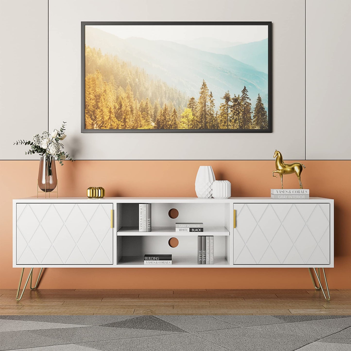 Anbuy White TV Stand for Bedroom Entertainment Center Wood up to 55 inch Large TV Console Media Cabinet with 2 Storage Cabinet and Shelves Home Support TV Up to 65 inch Stand for Living Room (White)