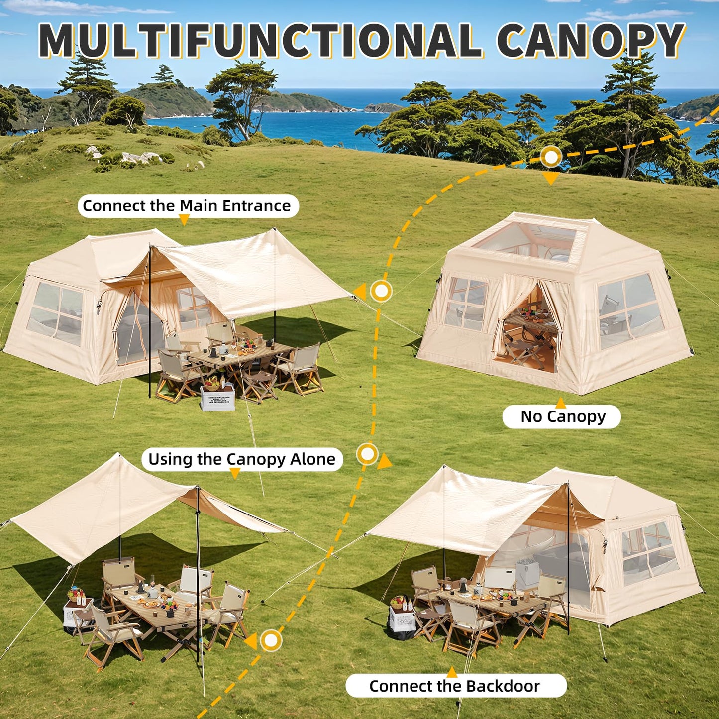 YOLENY 3-4 Person Inflatable Tents for Camping with Dual-Side Weatherproof Canopy with Hand Pump, Glamping Tent, Easy Setup, Waterproof Windproof