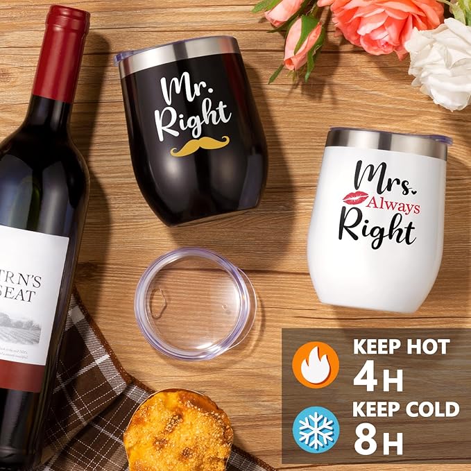 Anniversary Engagement Gifts for Men Women, Mr and Mrs Wine Tumblers Gifts - Funny Wedding Gifts for Couple, Bridal Shower, Newlywed - Insulated Wine Cooler Tote Bag with Glasses and Wine Accessories