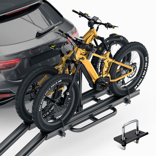 2 EBike Rack with Ramp, 2" Hitch Mounted Carrier Bike Racks Platform, 200 LBS Max Loading for Electric Bicycle, 5" Fat Tire & Standard Tires, Foldable Heavy Duty E-Bike Rack for Vans Trucks Cars SUVs