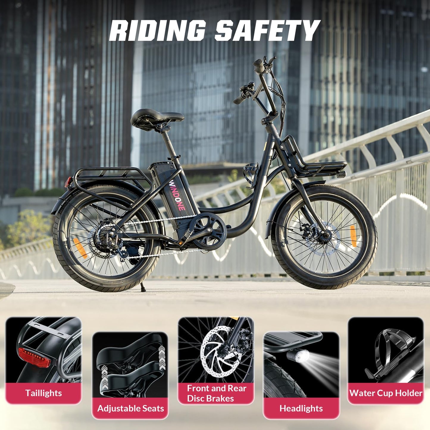 Windone E20 Electric Bike for Adults, Max 20 MPH Speed & 40 Miles Range, 20''×3.0'' Tire and 350W Motor Electric Bicycle, 7 Speed Shimano for Urban Commuters, Removable Battery, Ebike