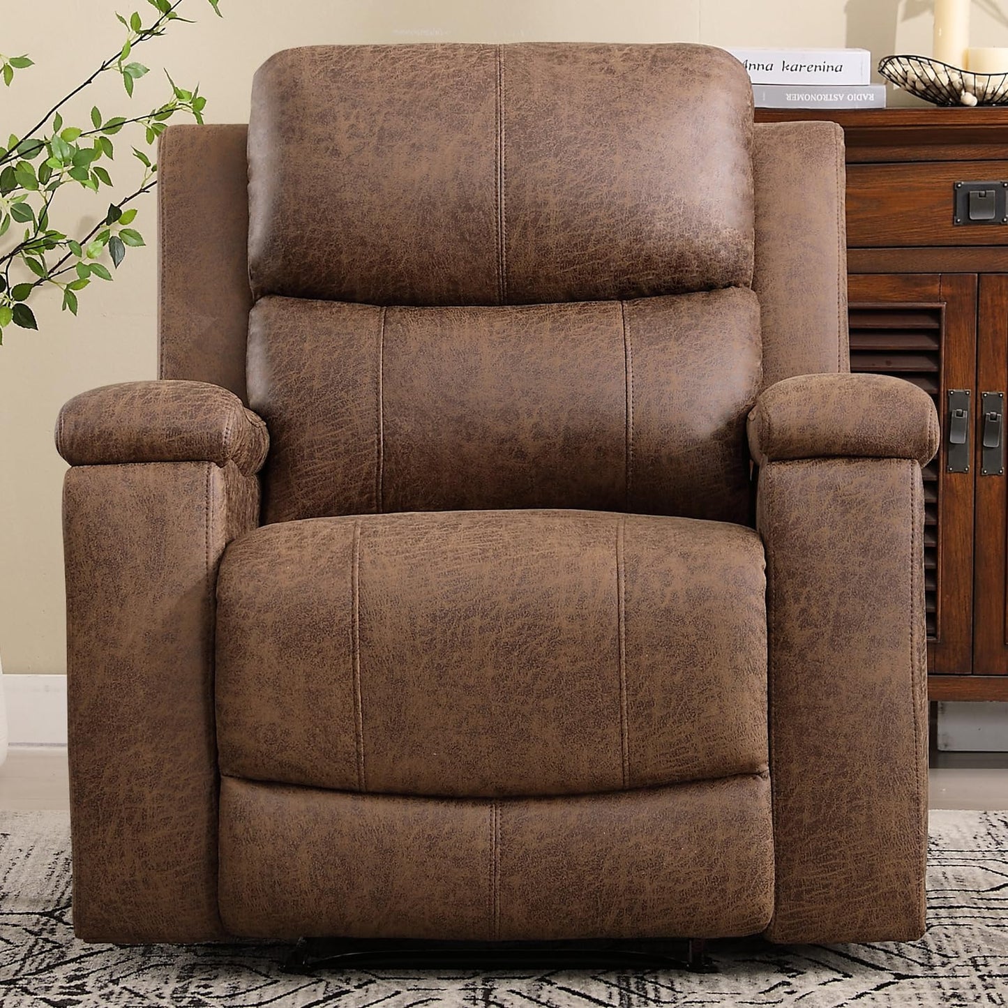 CANMOV Leather Recliner Chair, Classic and Traditional Manual Recliner Chair with Overstuffed Arms and Back, Manual Single Sofa with Concealed Cup Holders,Nut Brown