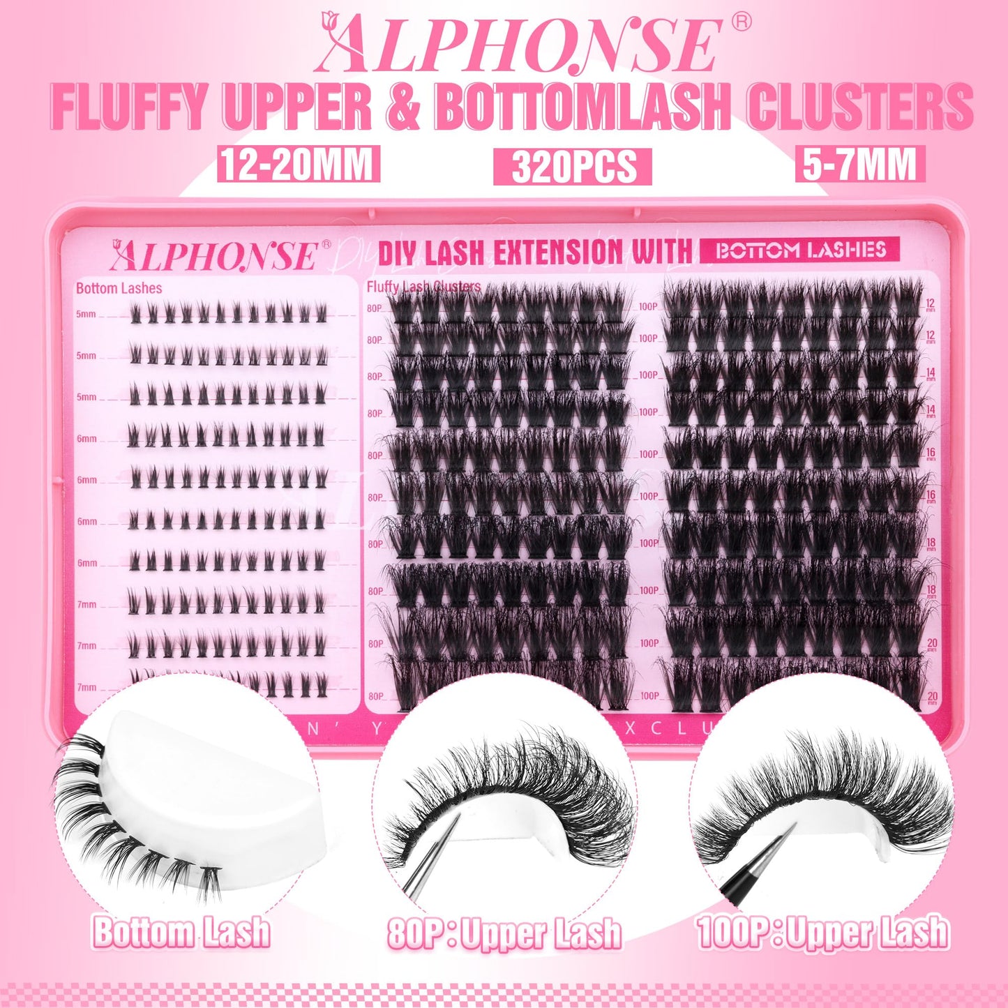ALPHONSE Fluffy Lash Clusters with Bottom Lashes 12-20MM Cluster Eyelash Extensions Thick Volume Individual Lashes 320pcs DIY Lash Extension Clusters for Beginners (80D+100D)