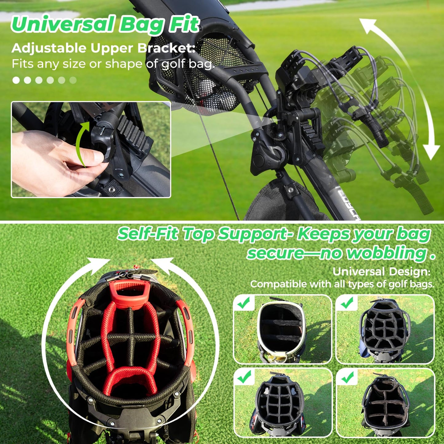 Tedycatt 4 Wheels Golf Pull Cart, Upright Light Quad Golf Roller Cart with Foot Brake, Quick Fold with Cup, Phone & Umbrella Holder, Cooler Bag, Gray