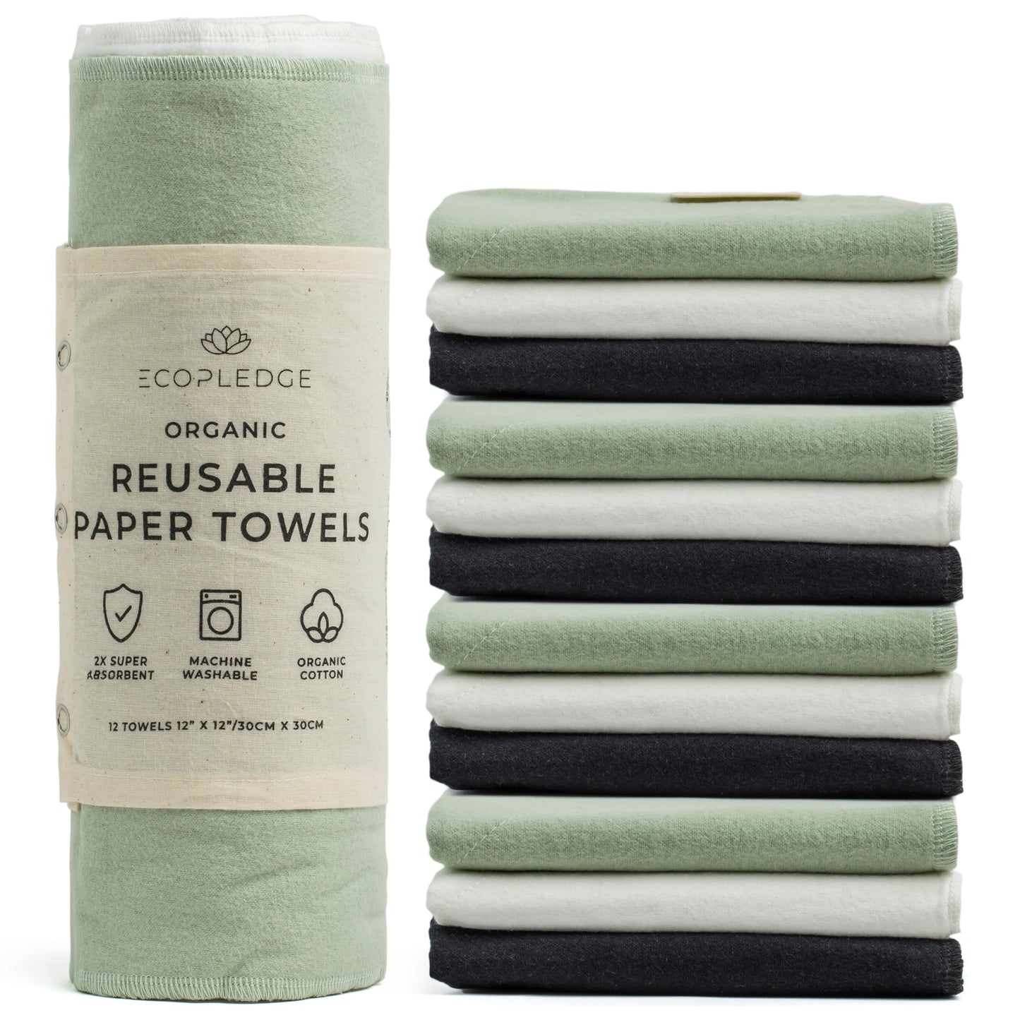 Reusable Paper Towels Washable Roll - Thick 12-pc Two Layered Ultra Absorbent Paperless Certified Organic Cotton Towels - Large Cloth Kitchen Paper Towel with Hanging Loop