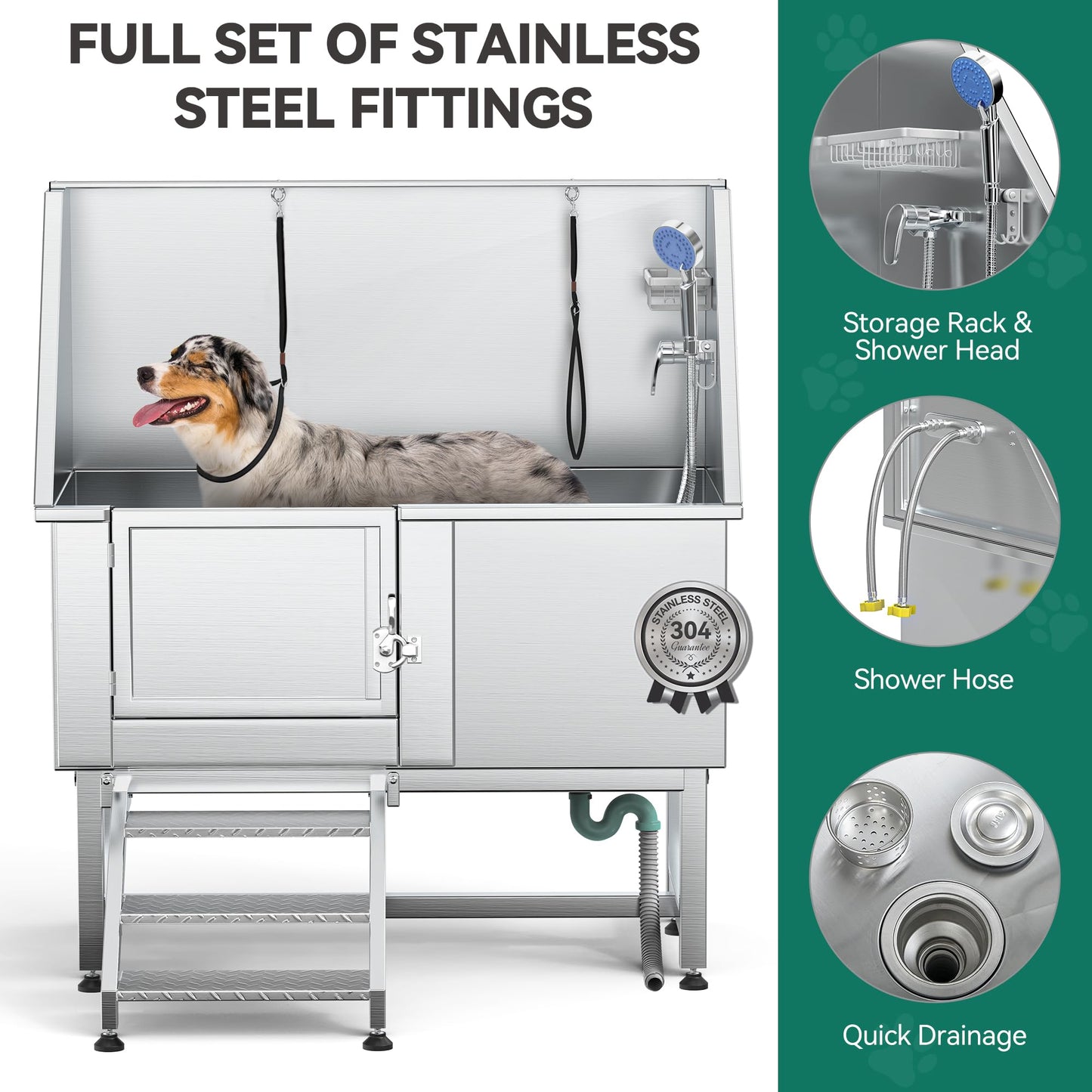 YITAHOME Dog Bathing Station, Professional Stainless Steel 304 Dog Grooming Bathtub w/Left Stairs, Faucet, Floor Grate, 50in Pet Washing Station for Large, Medium, Small Pets