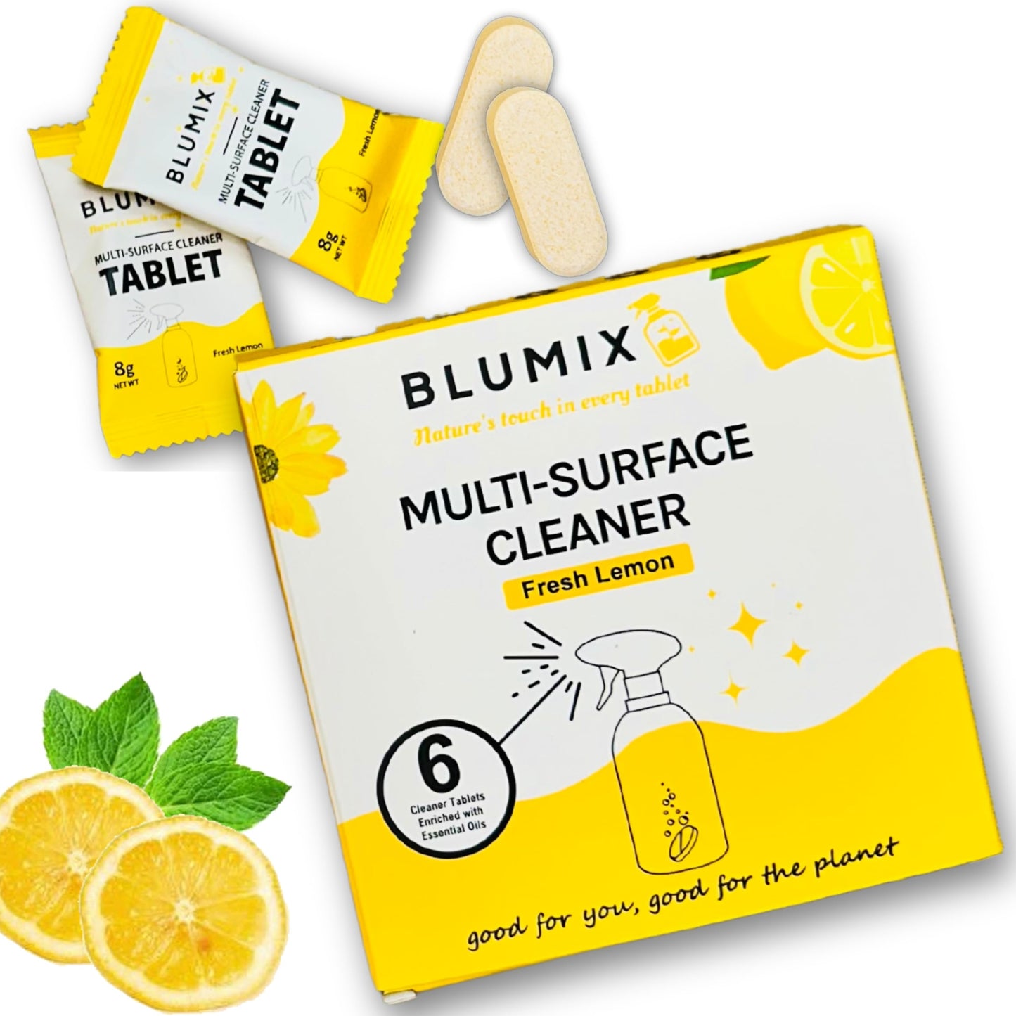 Blumix Multi-Surface Cleaner Refill Tablets – 6 Count | Fresh Lemon Scent | Eco-Friendly, Biodegradable, Plastic-Free Cleaning Refills for Spray Bottles – All-Purpose Household Use
