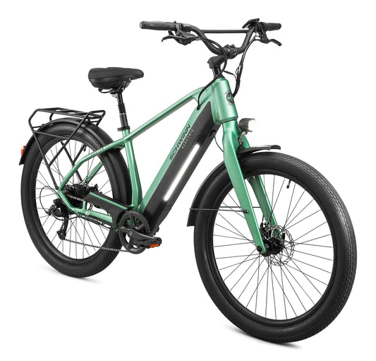 Schwinn Coston DX Hybrid Electric Bike for Adults, 20MPH eBike, Up to 45 miles on a Single Charge, 27.5-Inch Wheels, 7-Speed, Small/Medium Step-Over Frame, Matte Green
