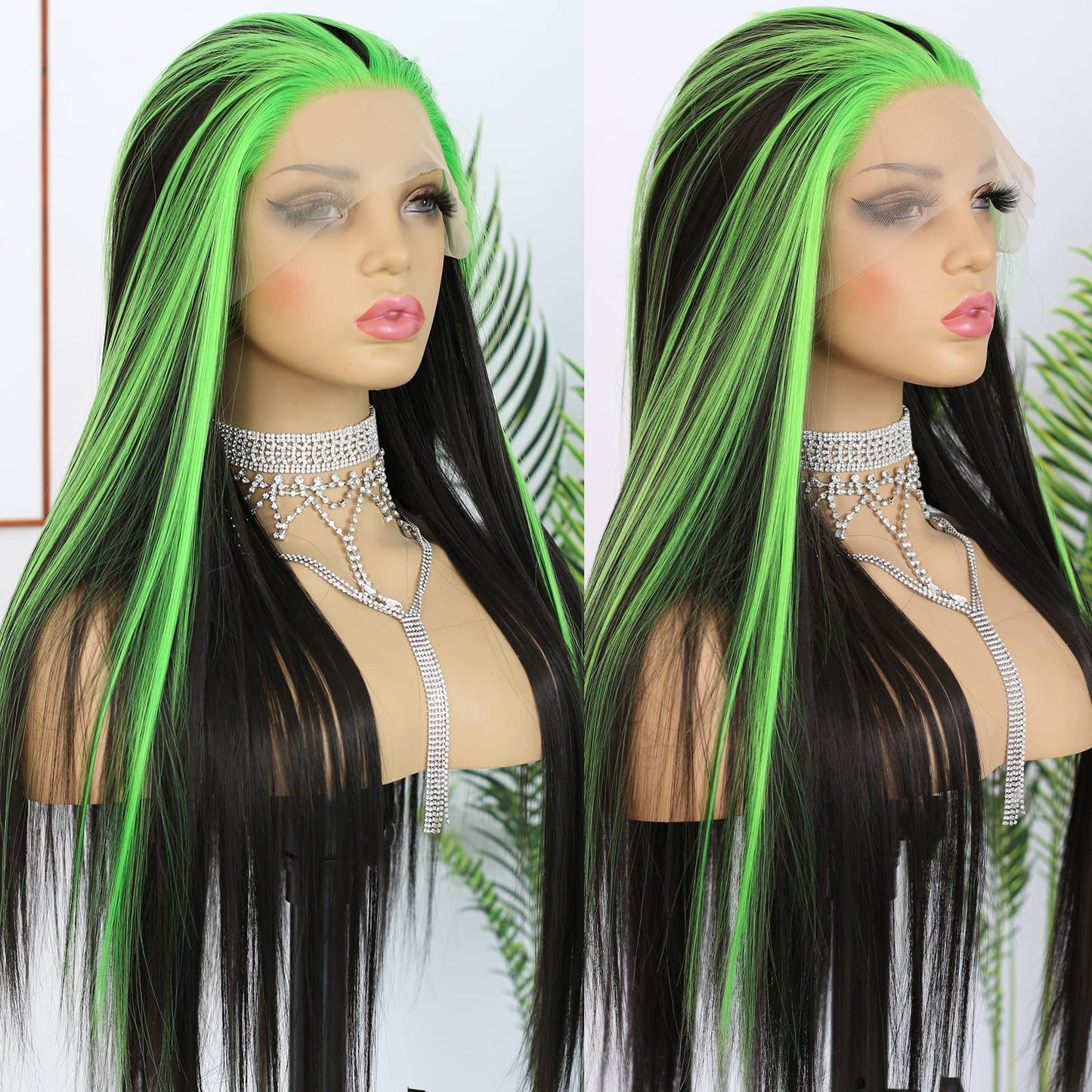 ANDRIA Lace Front Wigs Straight Hair Glueless Lace Wigs Synthetic Long Silk Straight Natural Wig Heat Resistant Fiber Black and Green Skunk Stripe Colorful Wig With Baby Hair For Black Women 24 Inches