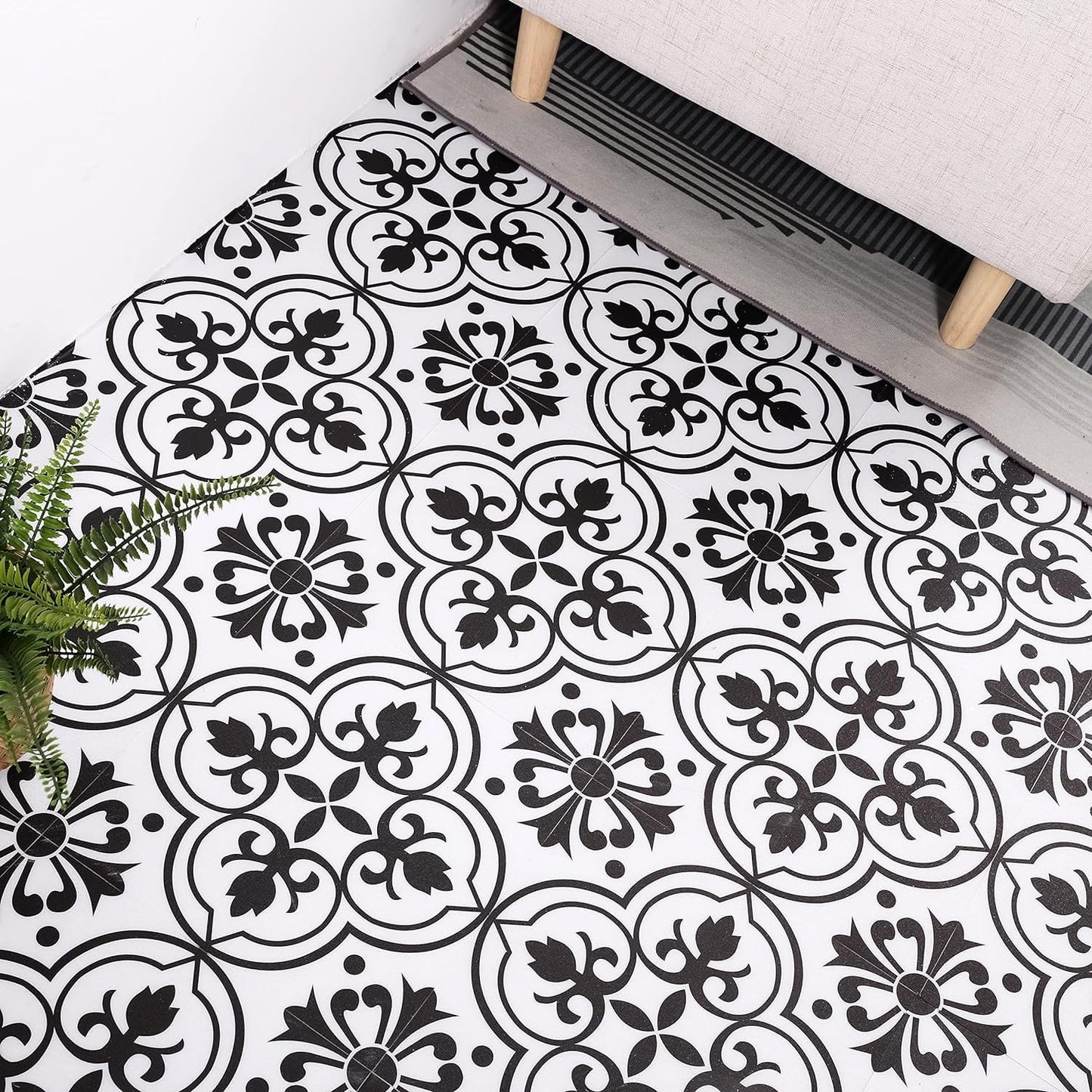 Alow Peel and Stick Floor Tile Waterproof, 20PCS Black and White Flower Floor Tile Easy to Paste, Vinyl Flooring for Bedroom, Living Room Kitchen and More（11.8Inx11.8In
