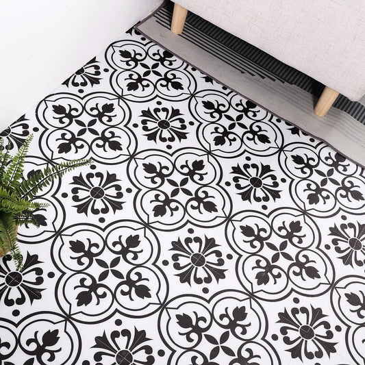Alow Peel and Stick Floor Tile Waterproof, 20PCS Black and White Flower Floor Tile Easy to Paste, Vinyl Flooring for Bedroom, Living Room Kitchen and More（11.8Inx11.8In