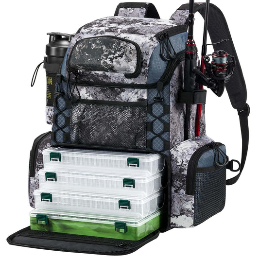 Piscifun Fishing Tackle Backpack with Rod Holders & 4 Tackle Boxes, Waterproof Rain Cover, Bottle Holder, Water-resistant Fishing Bag Store Fishing Gear & Equipment, Veil Camouflage