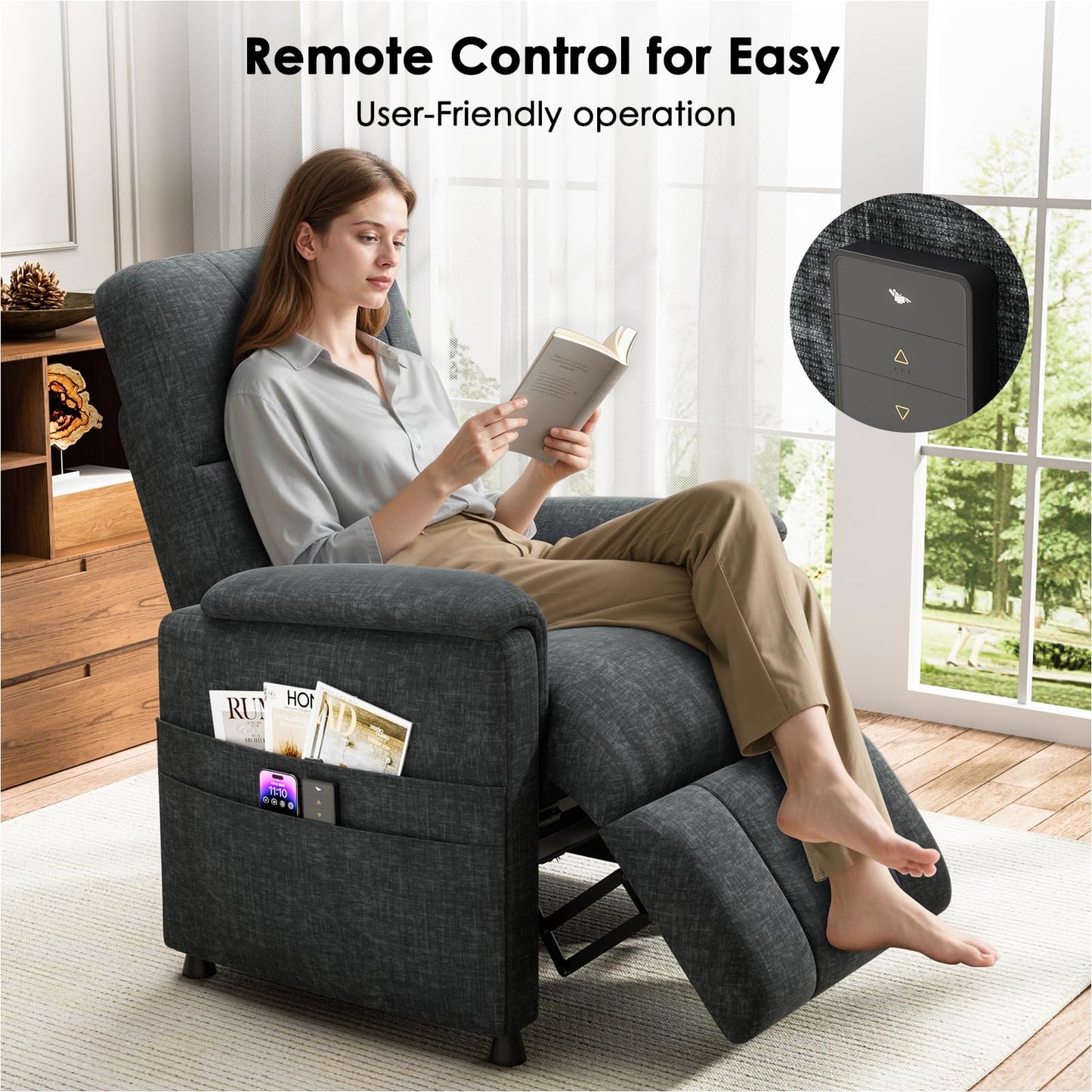Amada Power Recliner Chair for Adults, Adjustable Modern Chenille Reclining Chair with Side Pockets, Remote, Footrest, Thick Seat Cushion for Home Theater, Living Room & Bedroom, RV (Dark Grey)