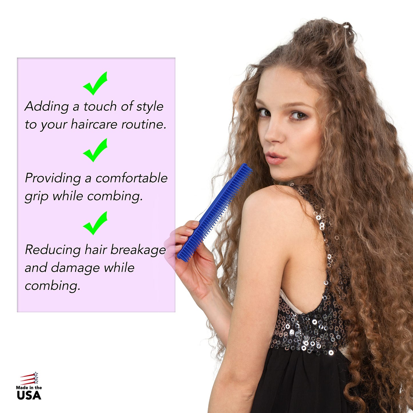 Allegro Combs 3-Row Detangling Comb, Wide Tooth Curl Defining Brush, Perfect for Curly Hair Stylists, Made in USA, Royal Blue, 1 Piece (#70)