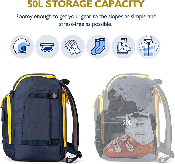 Unigear Ski Boot Bag, 50L Ski Boot Travel Backpack for Ski Helmet, Goggles, Gloves, Skis, Snowboard & Accessories (Blue)