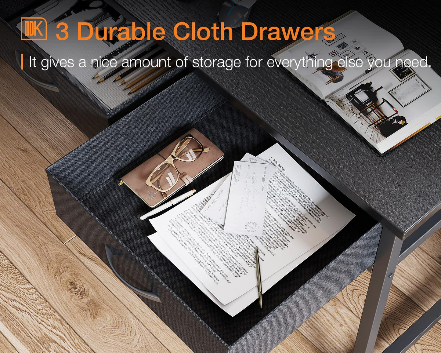 ODK 48 Inch Computer Desk with 3 Drawers and USB Power Outlets, Home Office Desks with LED Lights and Adjustable Monitor Stand, Work from Home, Modern Work/Writing/Study Table for Bedroom, Black