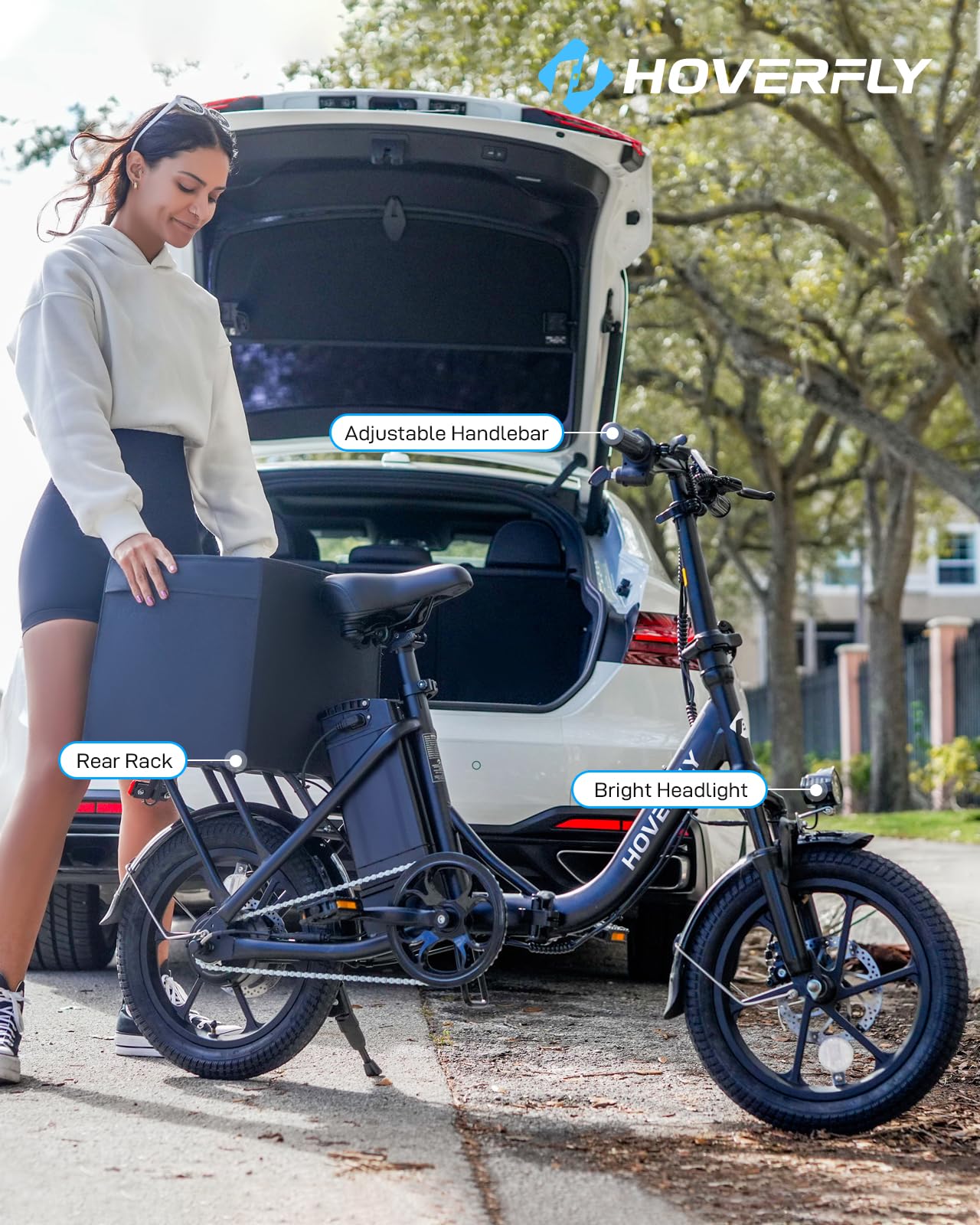 HOVERFLY H3 16" Electric Bike, Max 28Miles Range(Pedal-Assist) & Speed 15.5 Mph Power by 500W Peak Motor, Folding E-Bike with Removable Battery, Front Suspension and Commuter Electric Bicycle Adults