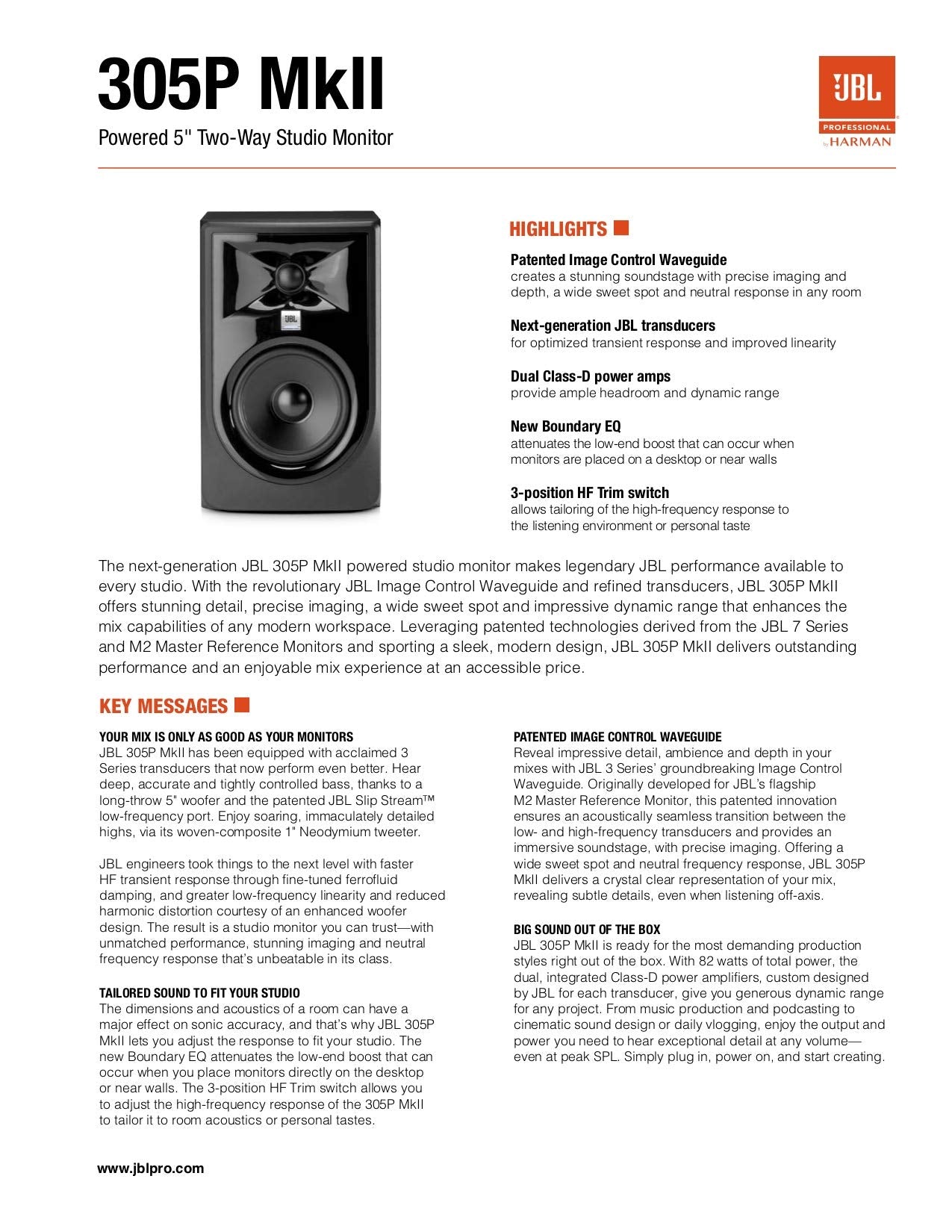 JBL Professional 305PMkII 5-Inch 2-Way Powered, Active Monitor Speaker for Near Field Music Production, Studio Monitor, Desktop Computer, Hi-Fi Audio. Sold Individually, Black