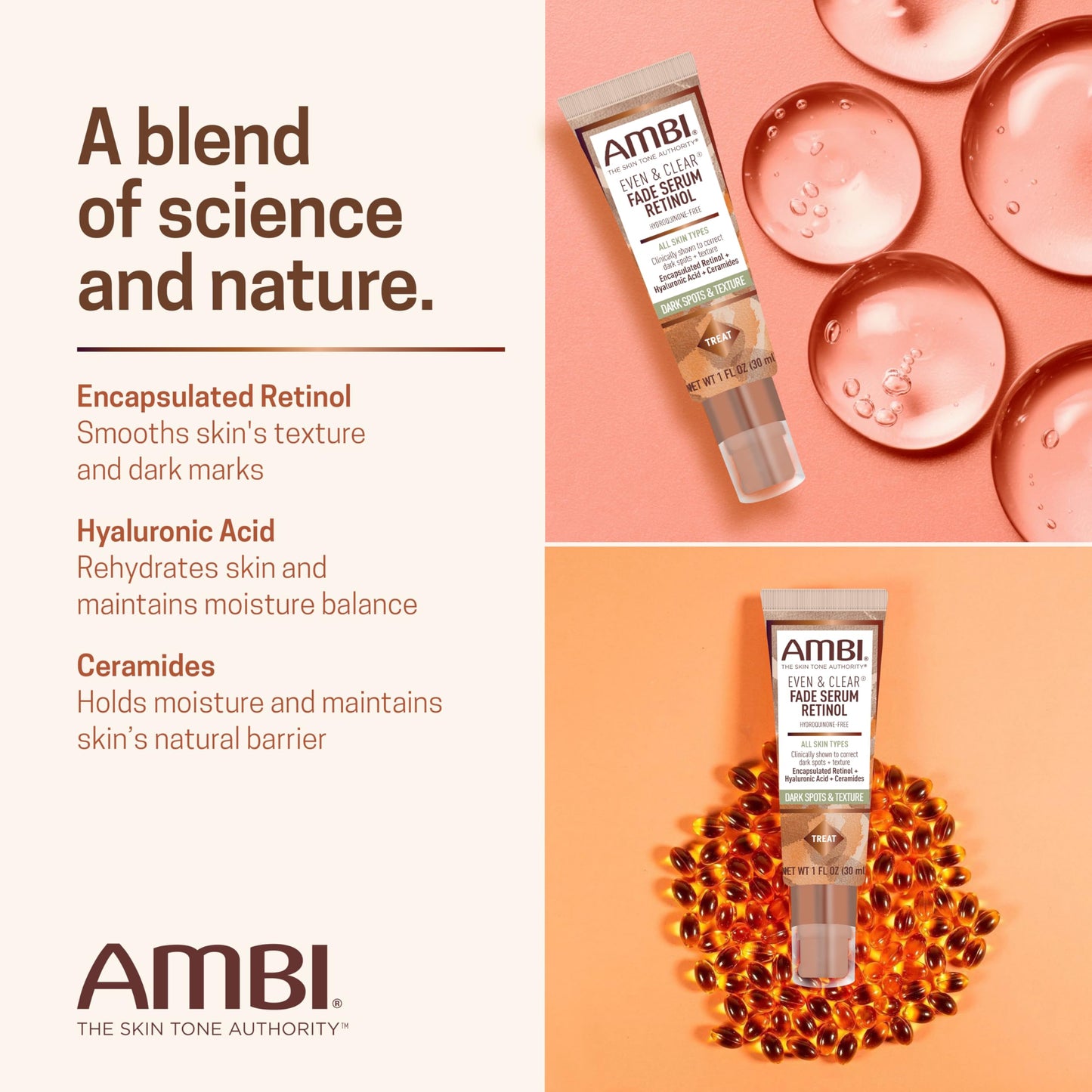 Ambi Even & Clear Fade Serum, Hyperpigmentation Treatment, Hydroquinone-free, Dark Spot Corrector, Results In As Little As 4 Weeks, Retinol, Hyaluronic Acid, Niacinamide, Ceramides, 1 Fl Oz