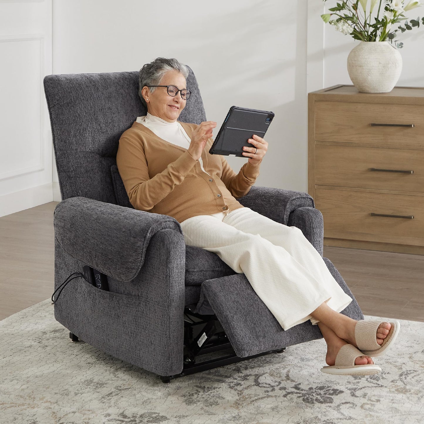Watson & Whitely Lift Chair Recliner for Elderly with Heat & Massage, Lay Flat Electric Power Recliners with Dual Motor Infinite Position Side Pockets, Fabric, Grey