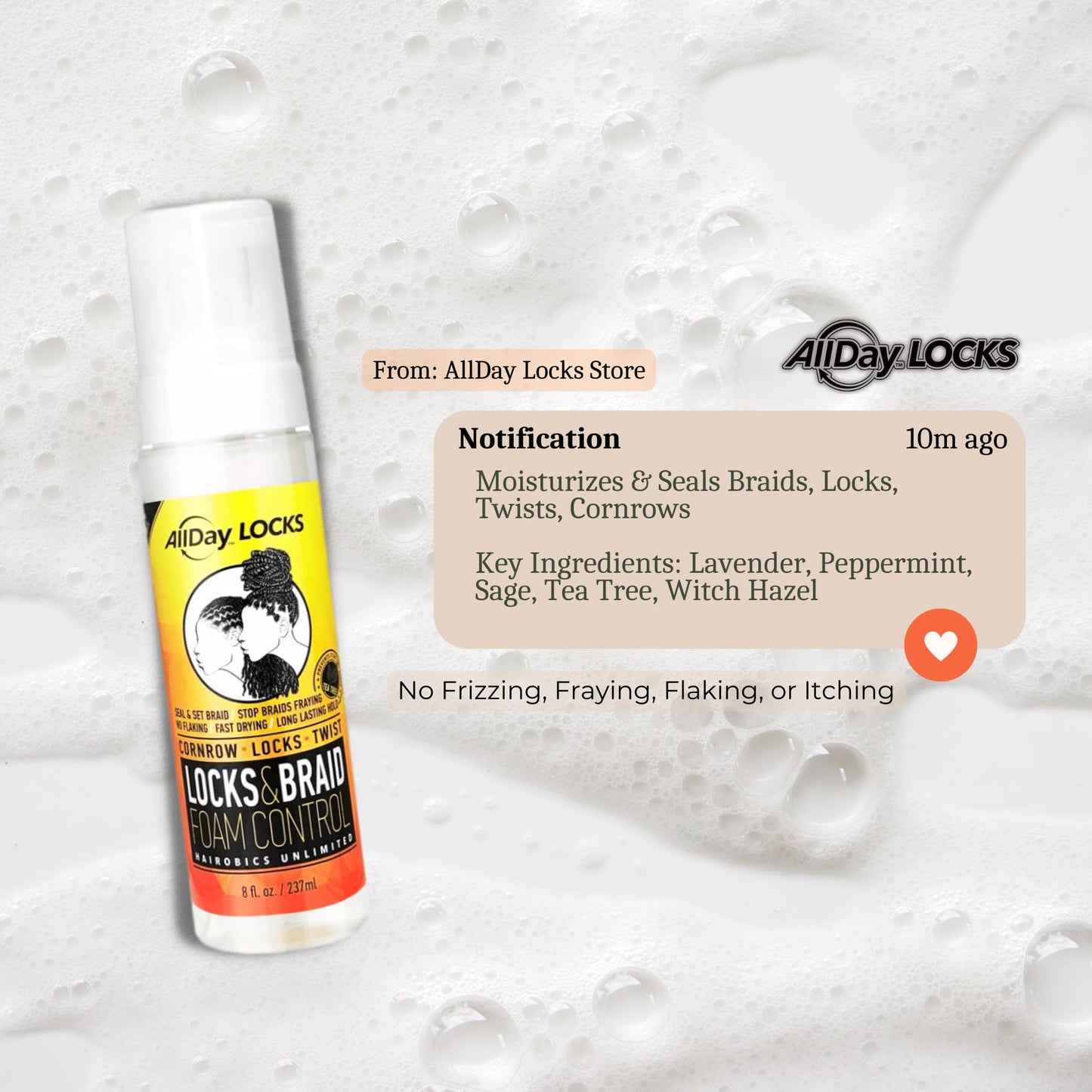 AllDay Locks Braid Foam | Long Lasting Mousse for Style & Shine | No Frizz or Fraying | Moisturizes & Seals Braids, Locks, Twists, Cornrows | 8 oz