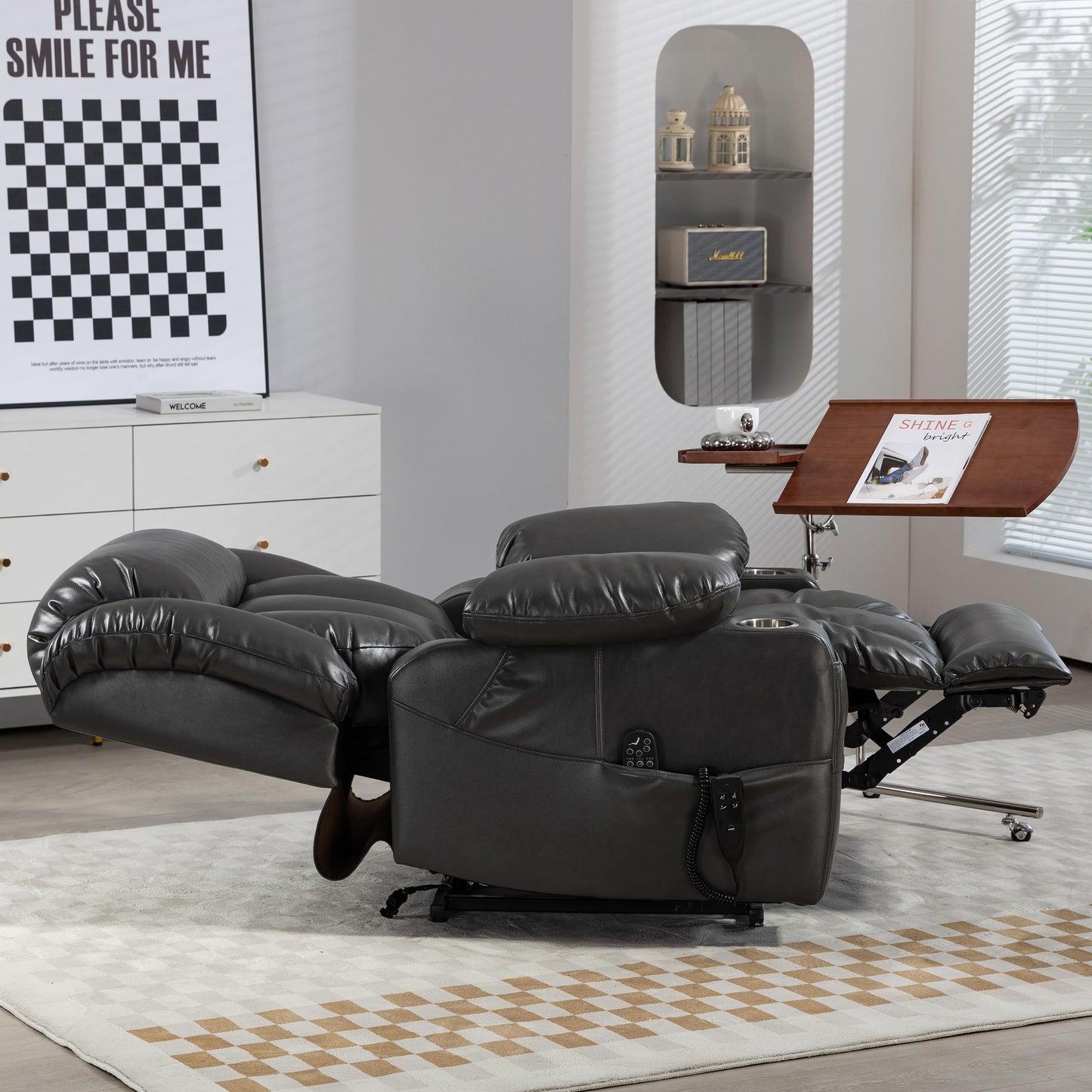 EZZUP Lay Flat Lift Recliner Chair with Massage & Heat for Elderly People, Electric Power Lift Chair w/Dual Motor, 2 Stainless Steel Cup Holders and 2 Remote Controls, Breathable Leather Grey