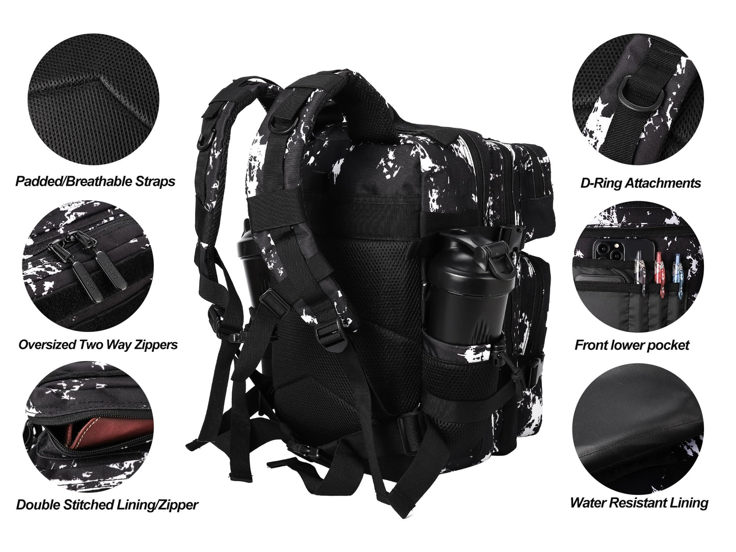 LHI Tactical Military Backpack for Men and Women 25L Army Assault Pack Bag Large Rucksack with Molle System - Black Lightning